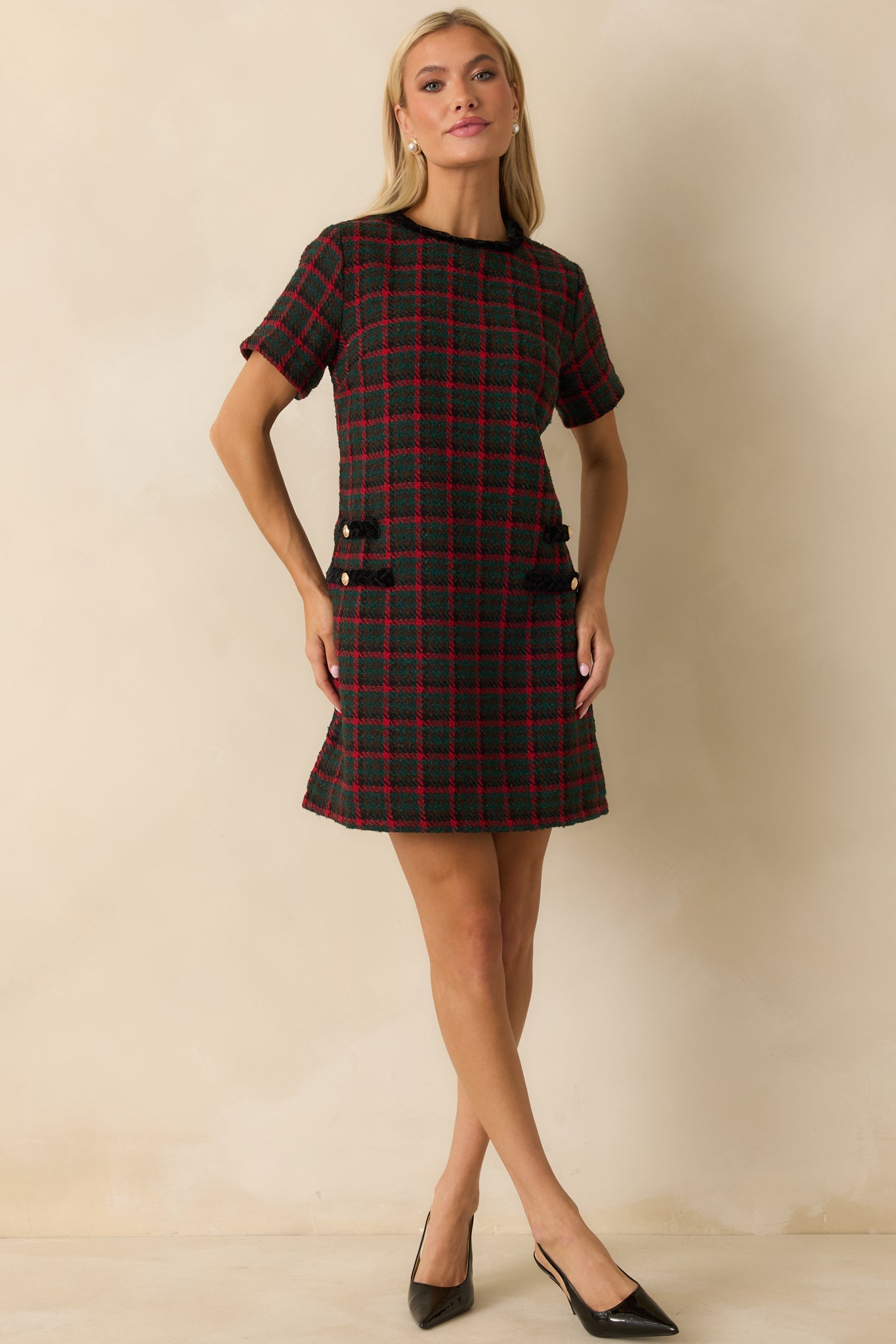 Prosperina Portia Green Multi Plaid Tweed Shift Dress