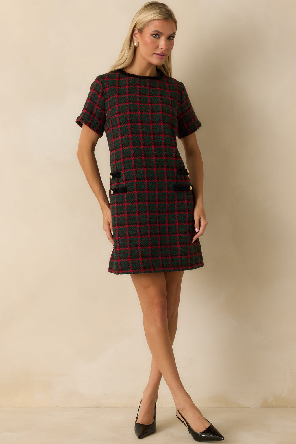 Prosperina Portia Green Multi Plaid Tweed Shift Dress