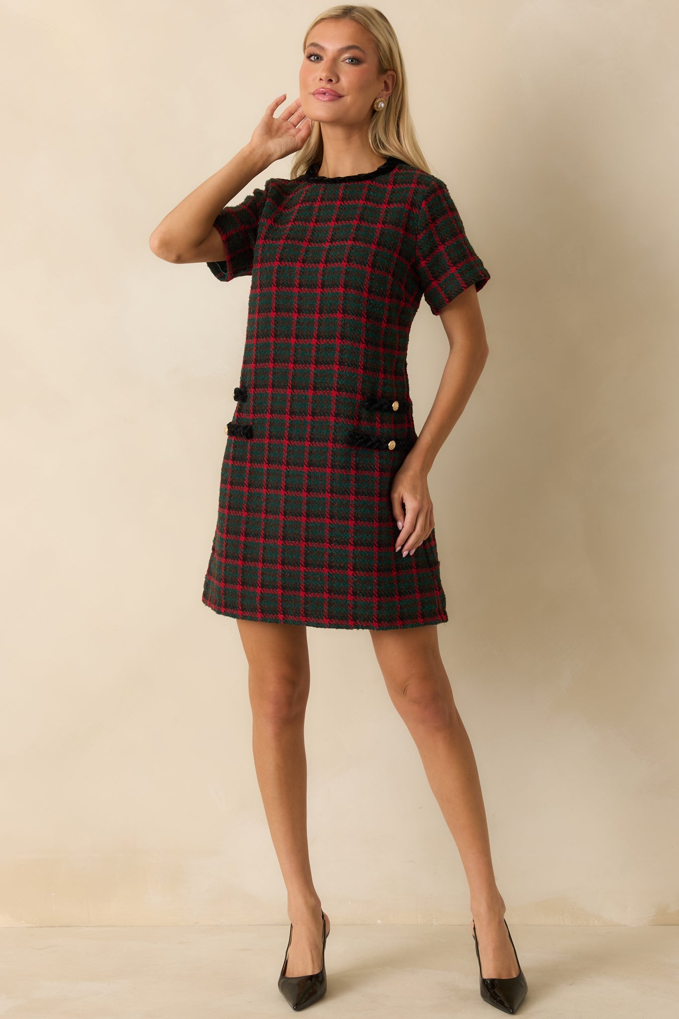 Prosperina Portia Green Multi Plaid Tweed Shift Dress