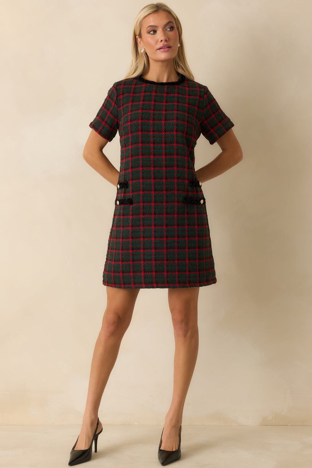 Prosperina Portia Green Multi Plaid Tweed Shift Dress