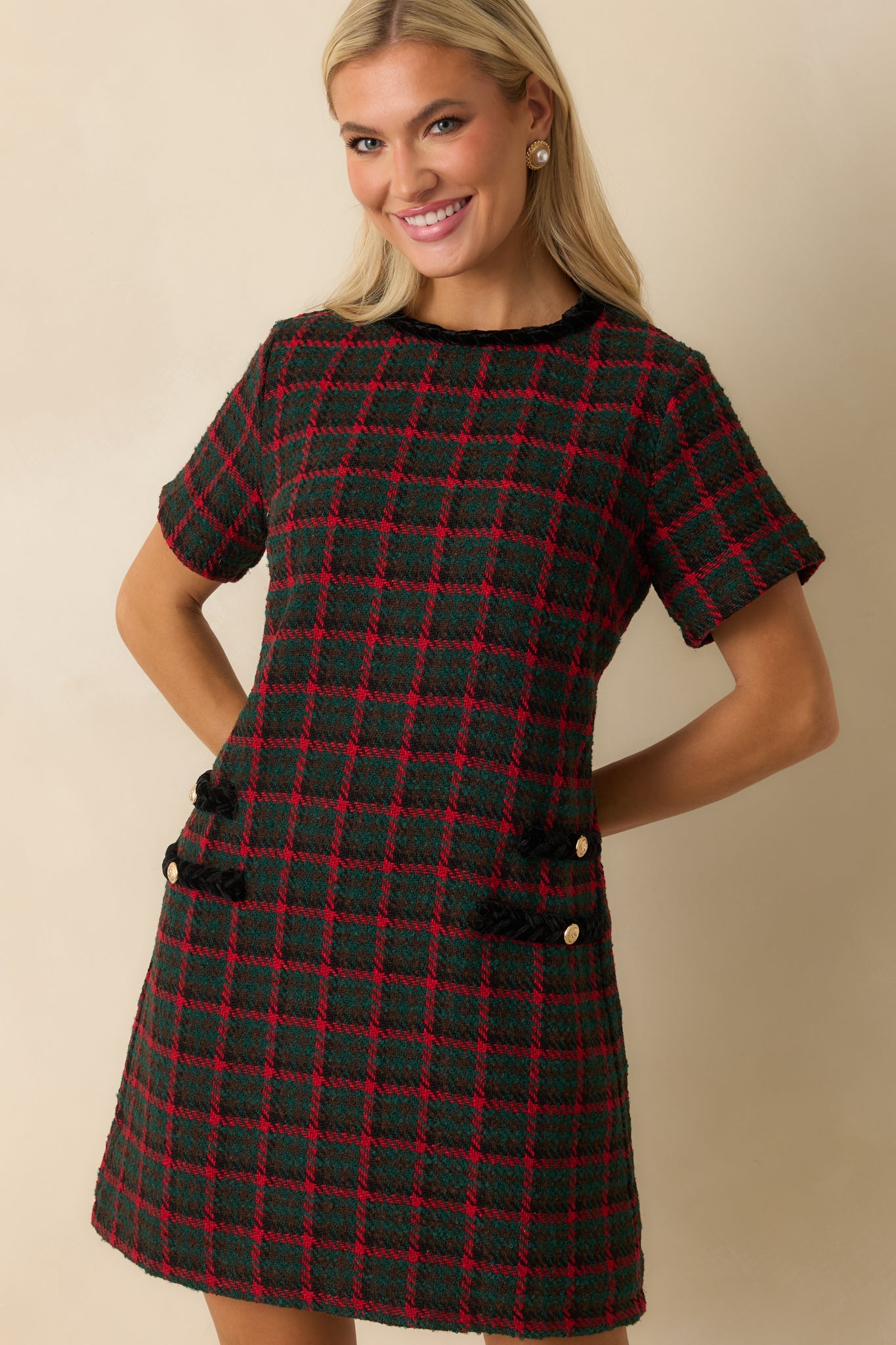 Prosperina Portia Green Multi Plaid Tweed Shift Dress