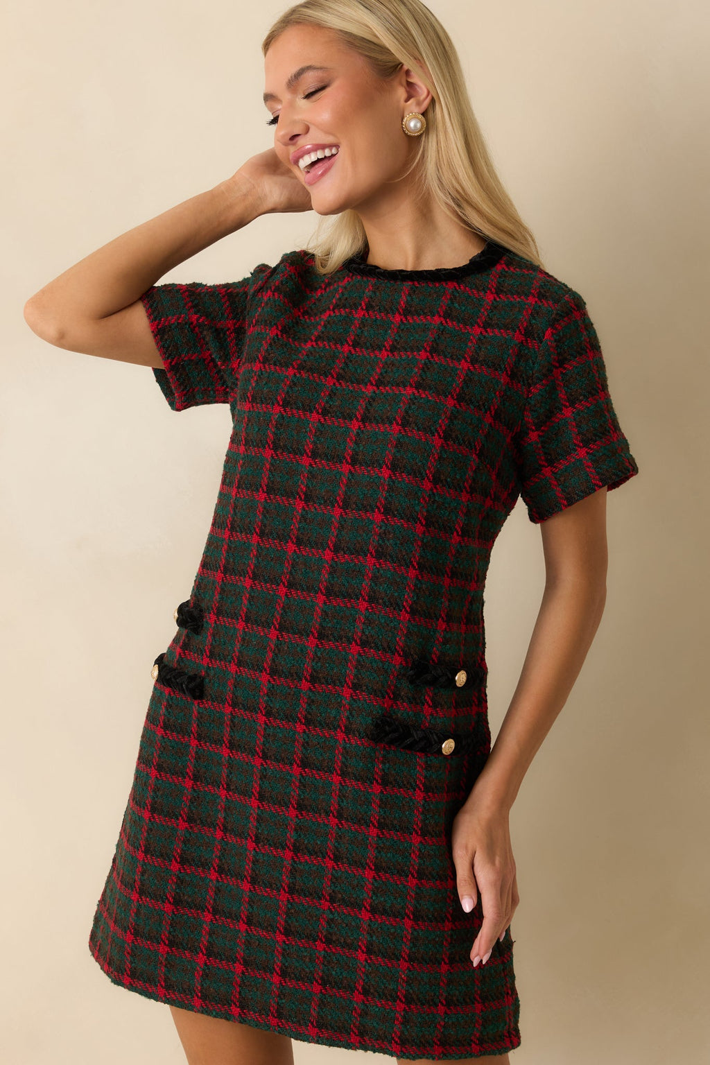 Prosperina Portia Green Multi Plaid Tweed Shift Dress