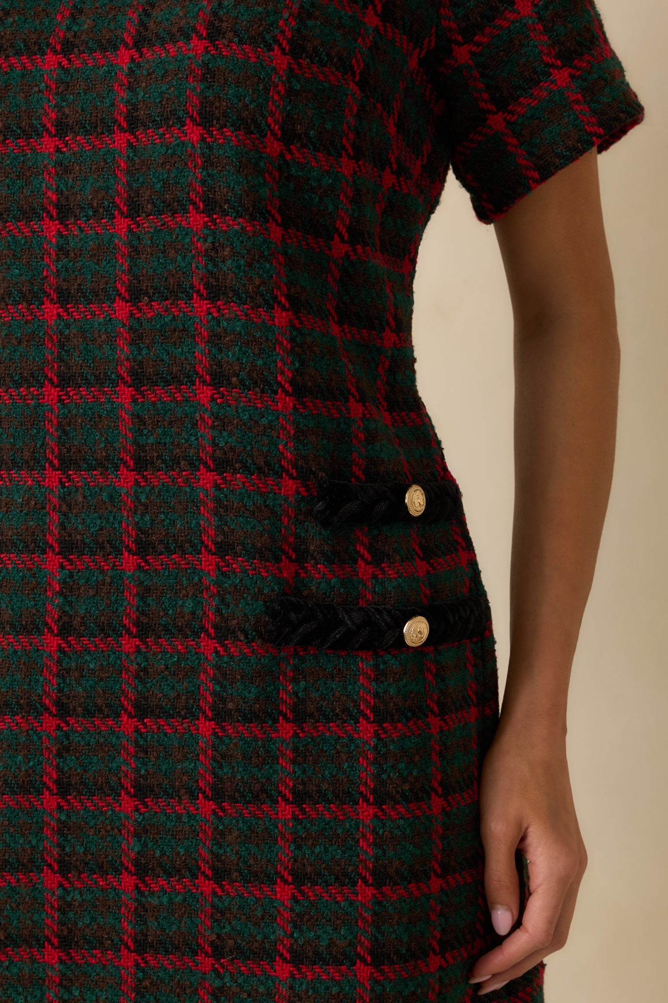 Prosperina Portia Green Multi Plaid Tweed Shift Dress