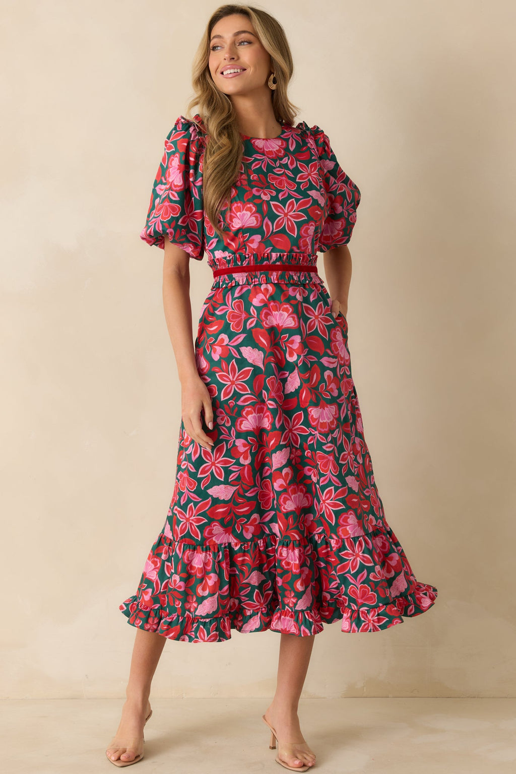 Prosperina Delphine Green & Pink Cotton Floral Print Maxi Dress