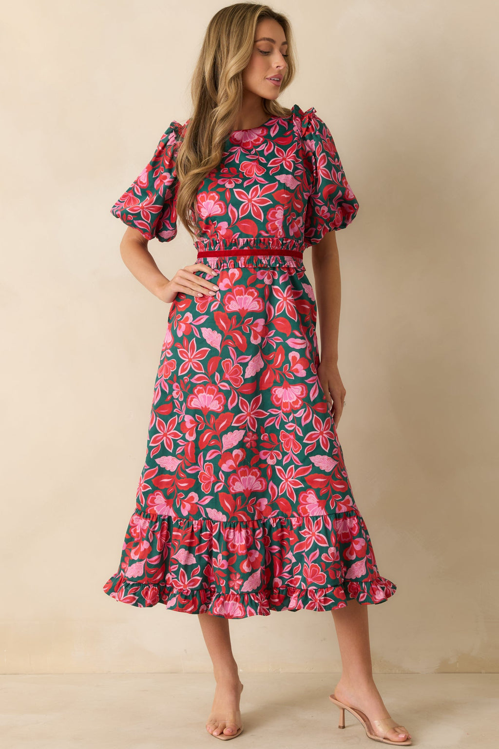 Prosperina Delphine Green & Pink Cotton Floral Print Maxi Dress