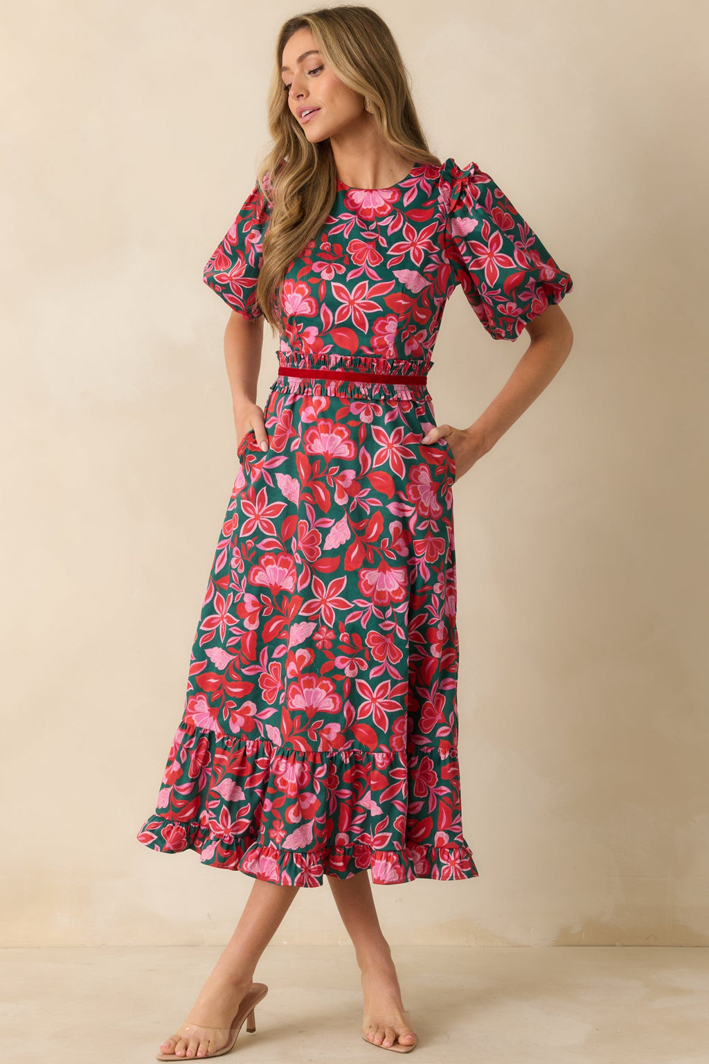 Prosperina Delphine Green & Pink Cotton Floral Print Maxi Dress