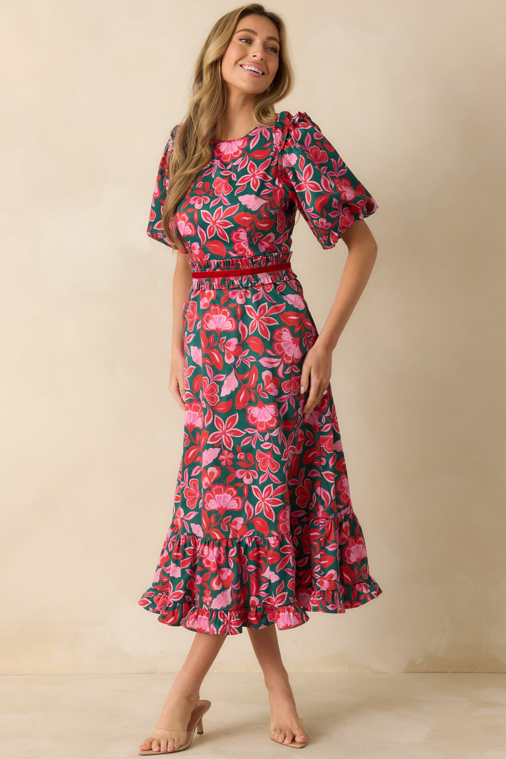 Prosperina Delphine Green & Pink Cotton Floral Print Maxi Dress