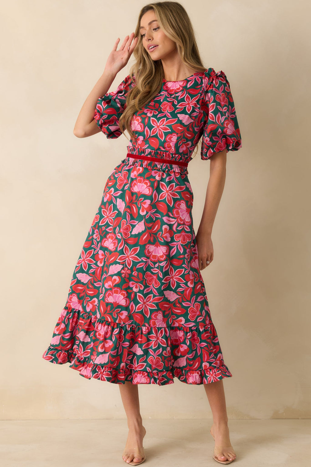 Prosperina Delphine Green & Pink Cotton Floral Print Maxi Dress