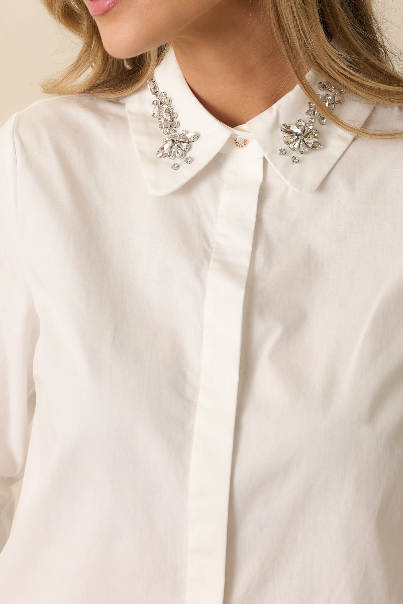 Prosperina Reagan White Cotton Jewel Collar Button Up Blouse