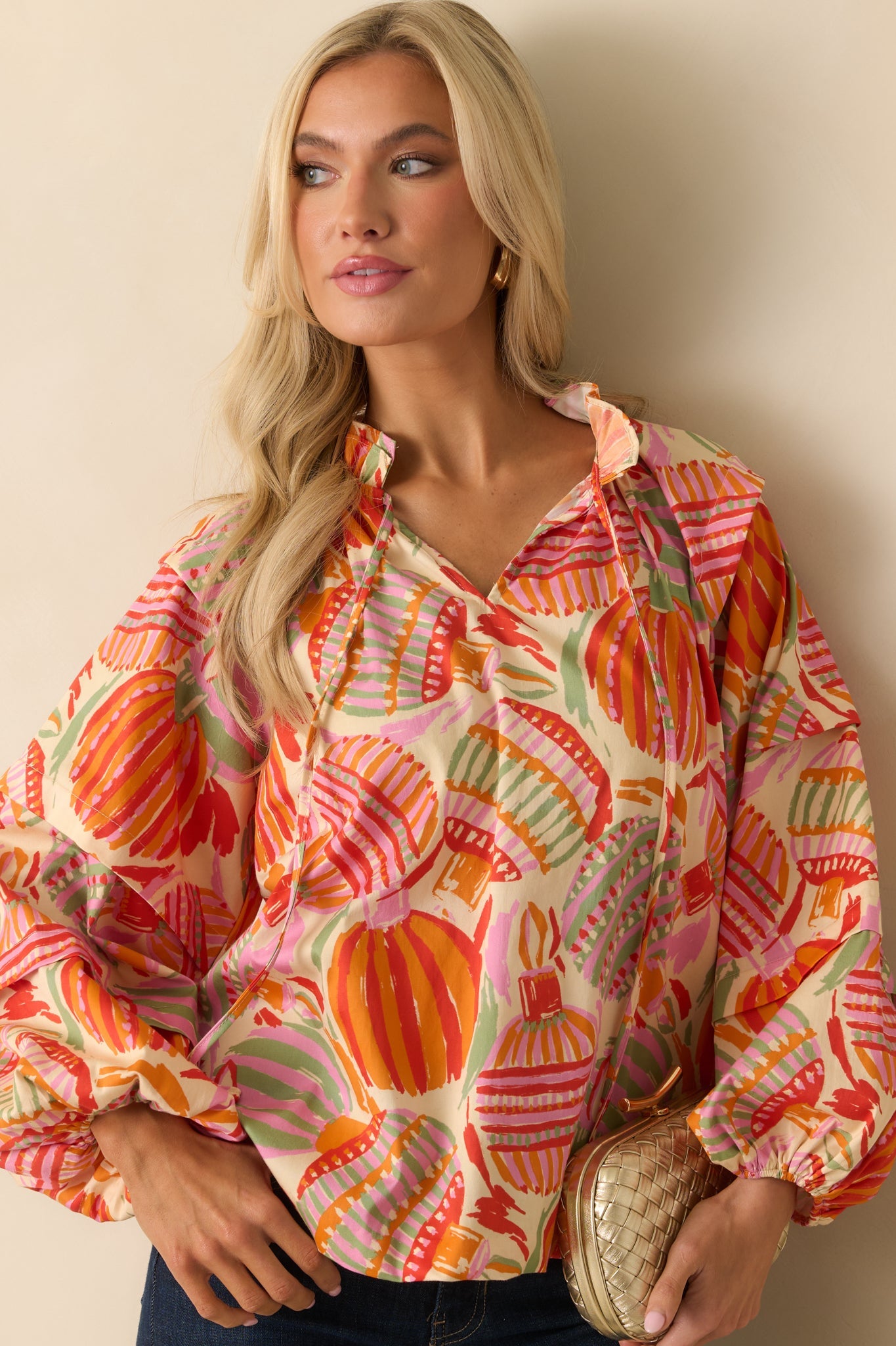 Prosperina Tara Pink Multi Cotton Ornament Print Peasant Top