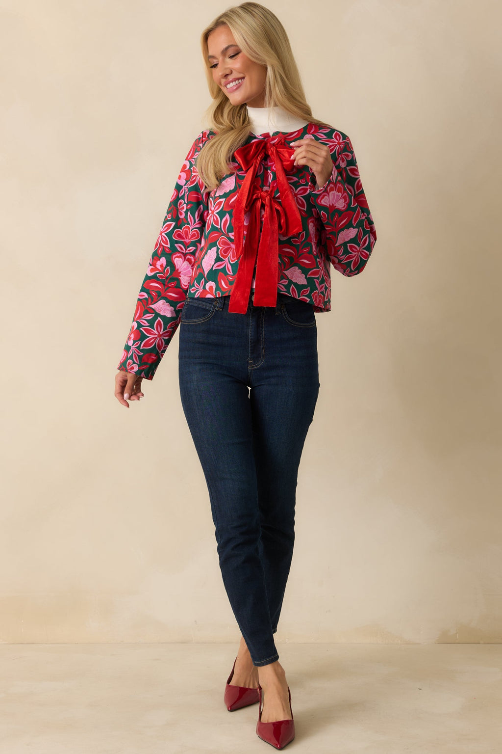 Prosperina Gala Green & Pink Cotton Floral Print Bow Jacket