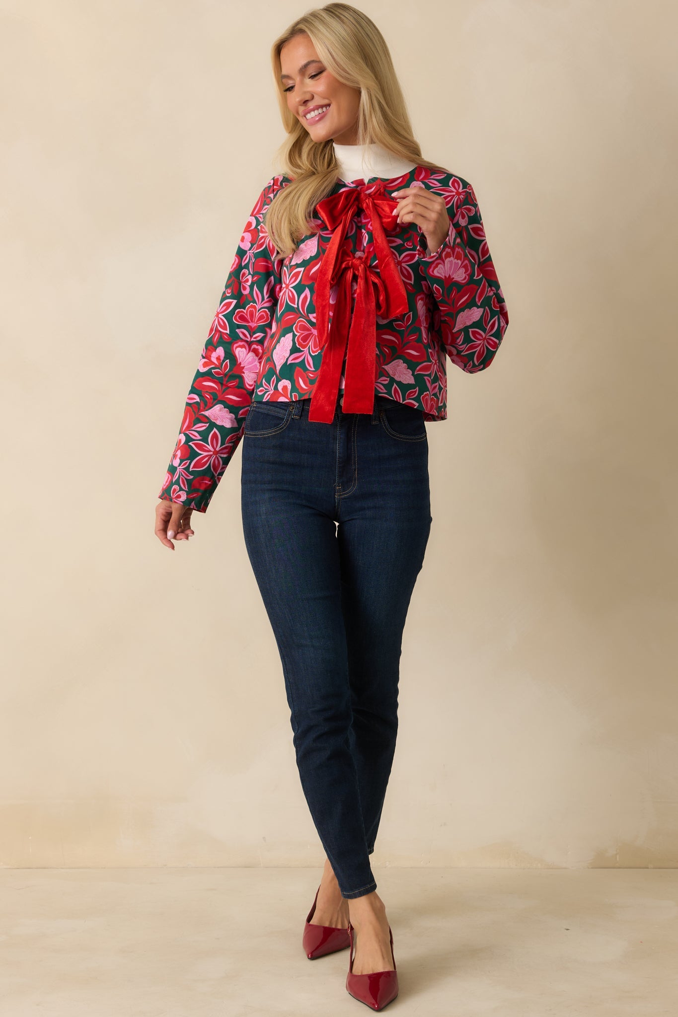 Prosperina Gala Green & Pink Cotton Floral Print Bow Jacket