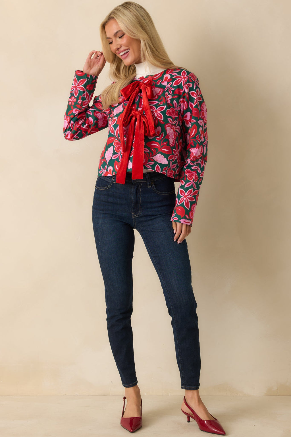 Prosperina Gala Green & Pink Cotton Floral Print Bow Jacket