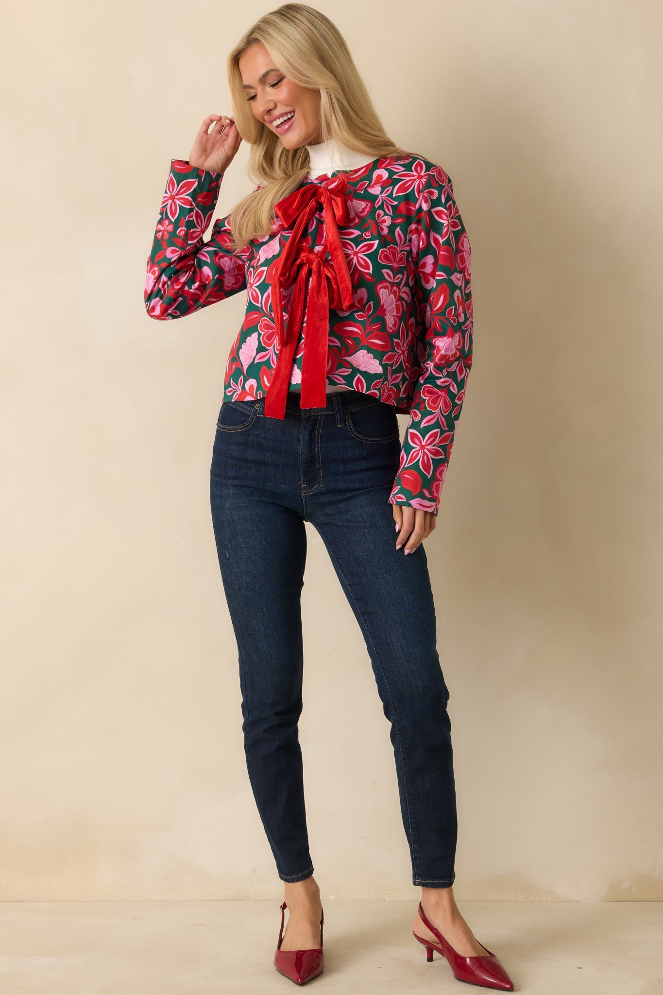 Prosperina Gala Green & Pink Cotton Floral Print Bow Jacket