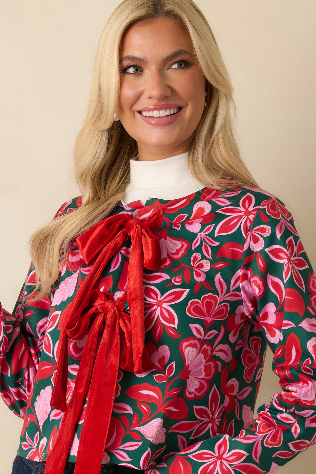 Prosperina Gala Green & Pink Cotton Floral Print Bow Jacket