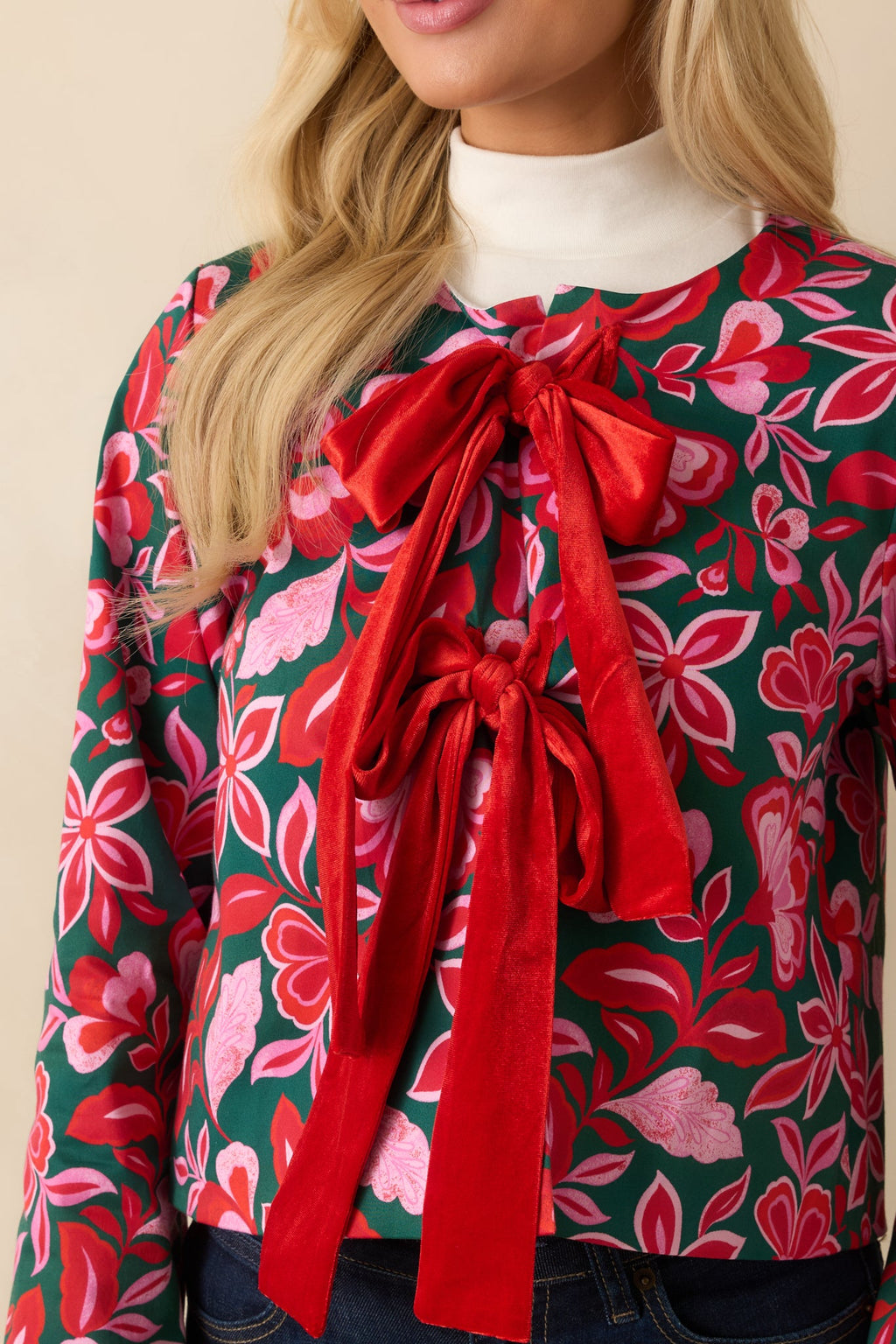 Prosperina Gala Green & Pink Cotton Floral Print Bow Jacket