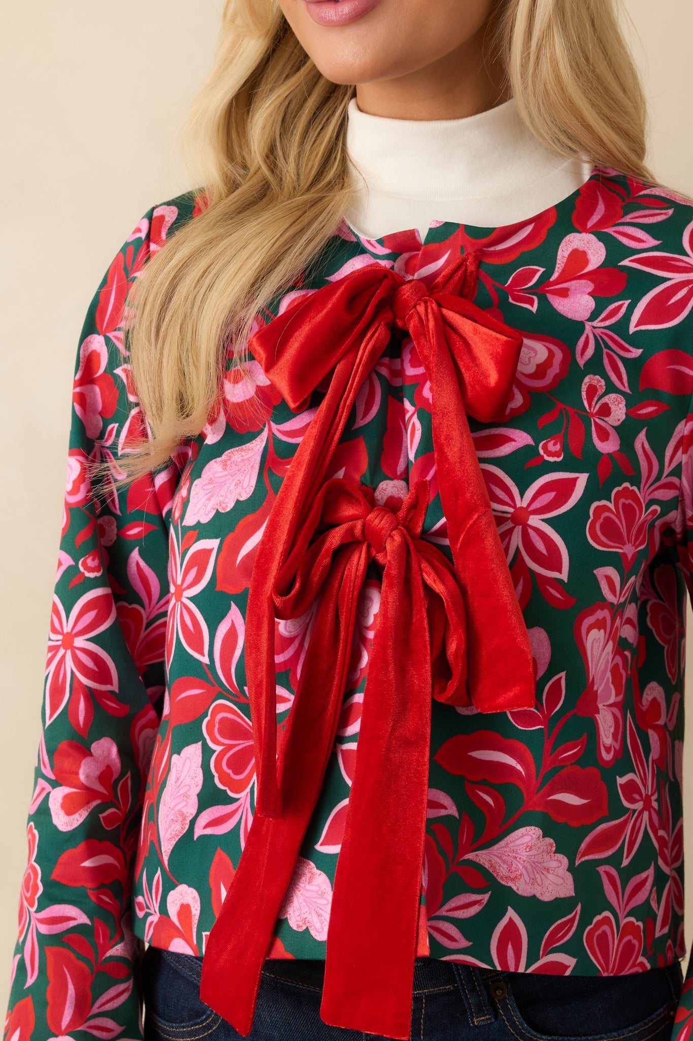 Prosperina Gala Green & Pink Cotton Floral Print Bow Jacket