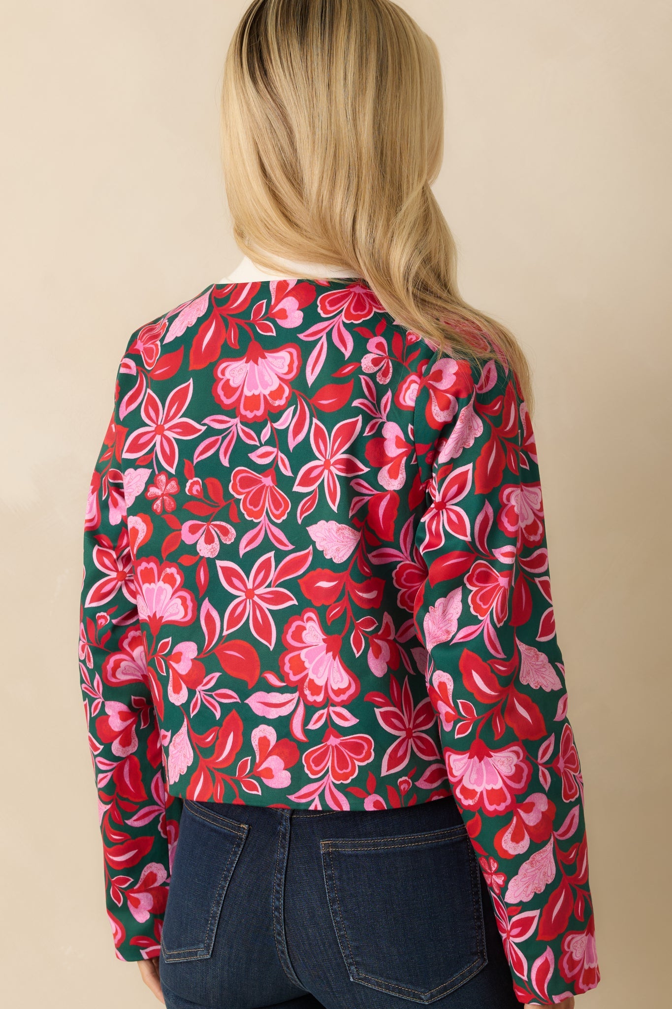 Prosperina Gala Green & Pink Cotton Floral Print Bow Jacket