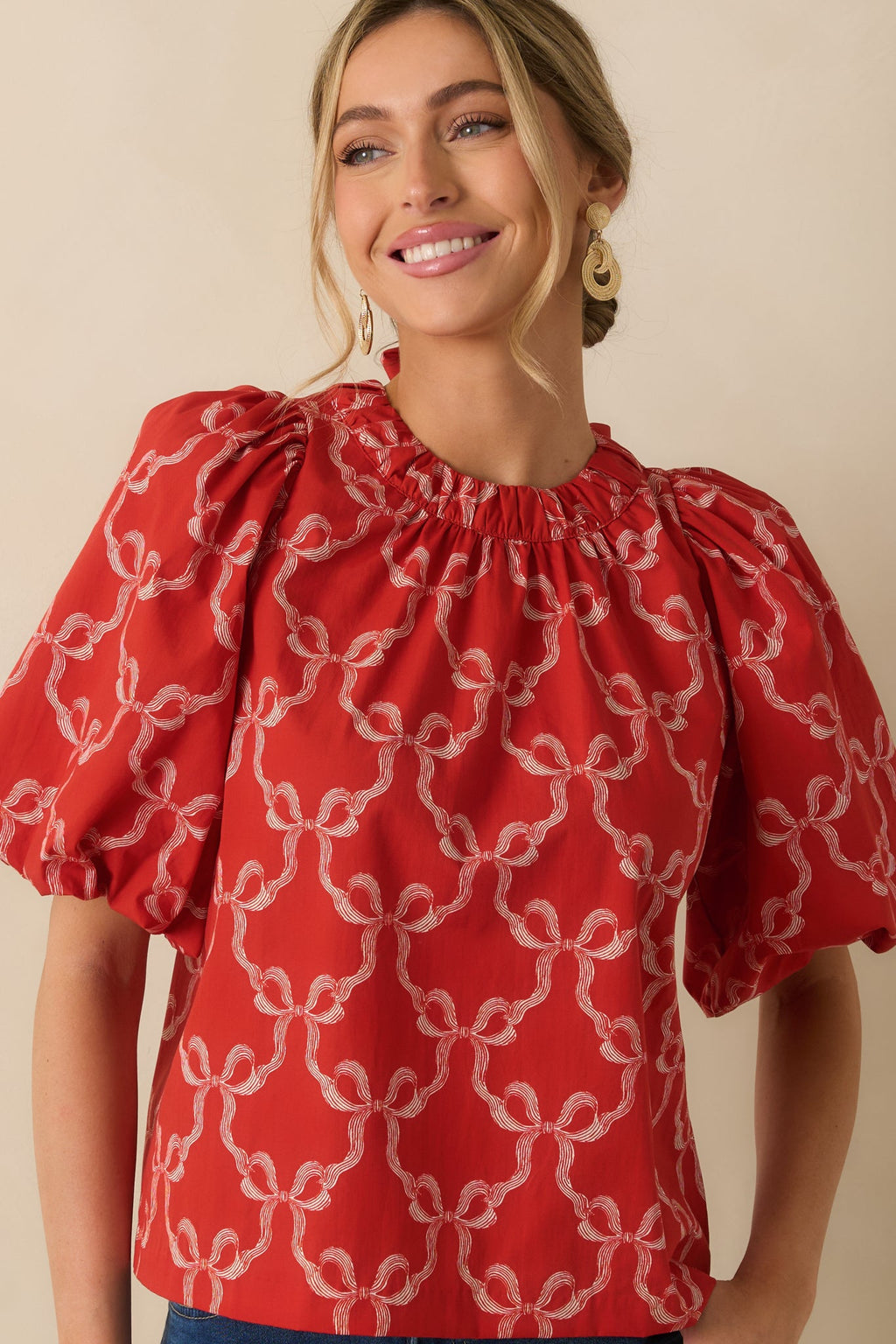 Prosperina Campbell Red Cotton Bow Print Puff Sleeve Tie Back Blouse