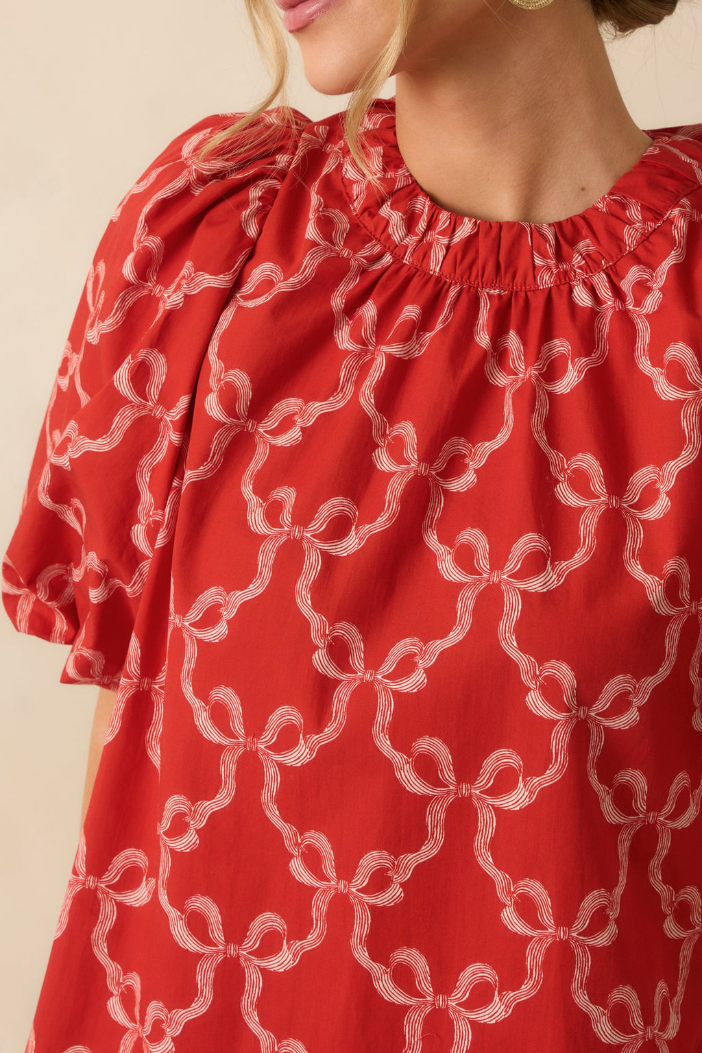 Prosperina Campbell Red Cotton Bow Print Puff Sleeve Tie Back Blouse