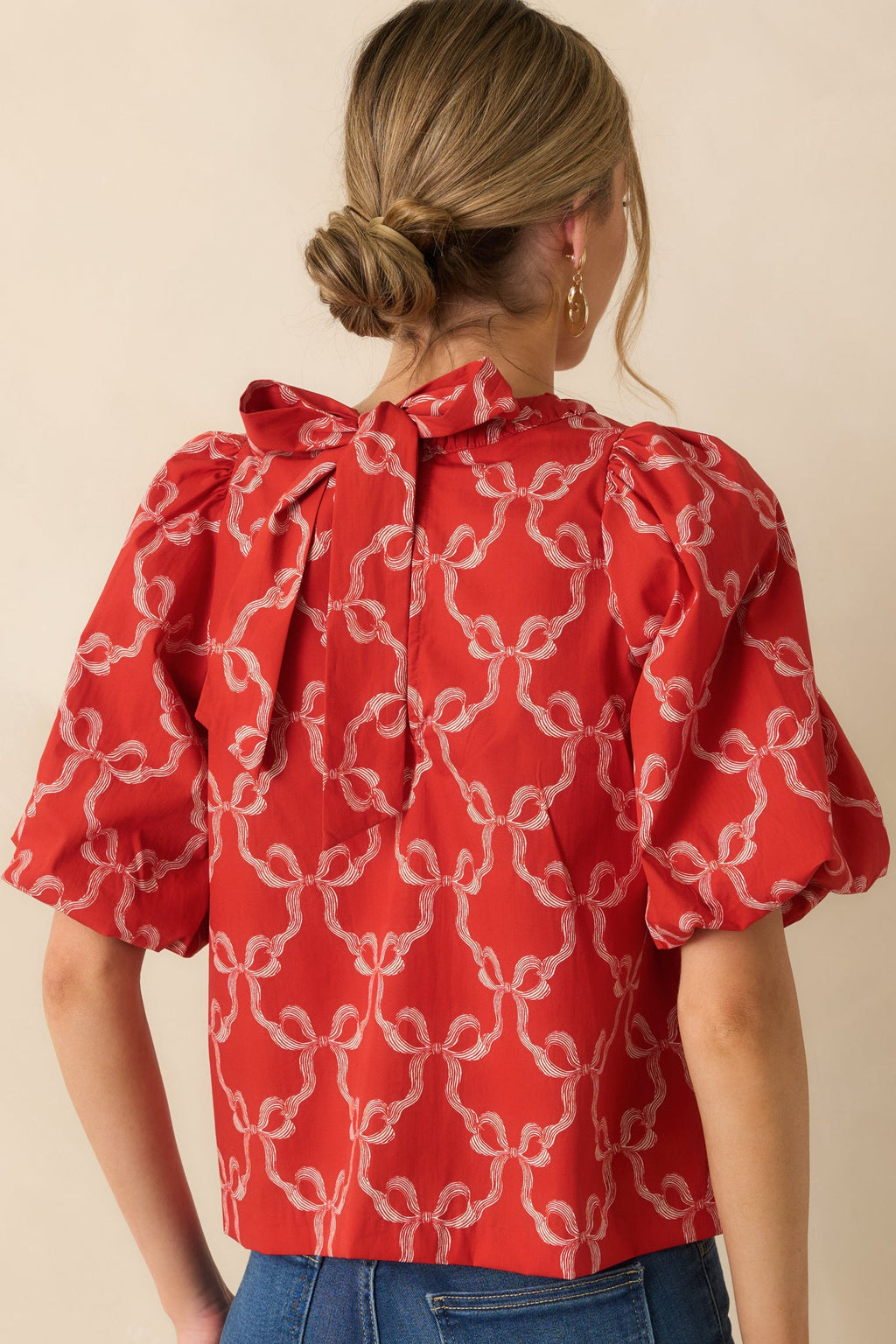 Prosperina Campbell Red Cotton Bow Print Puff Sleeve Tie Back Blouse
