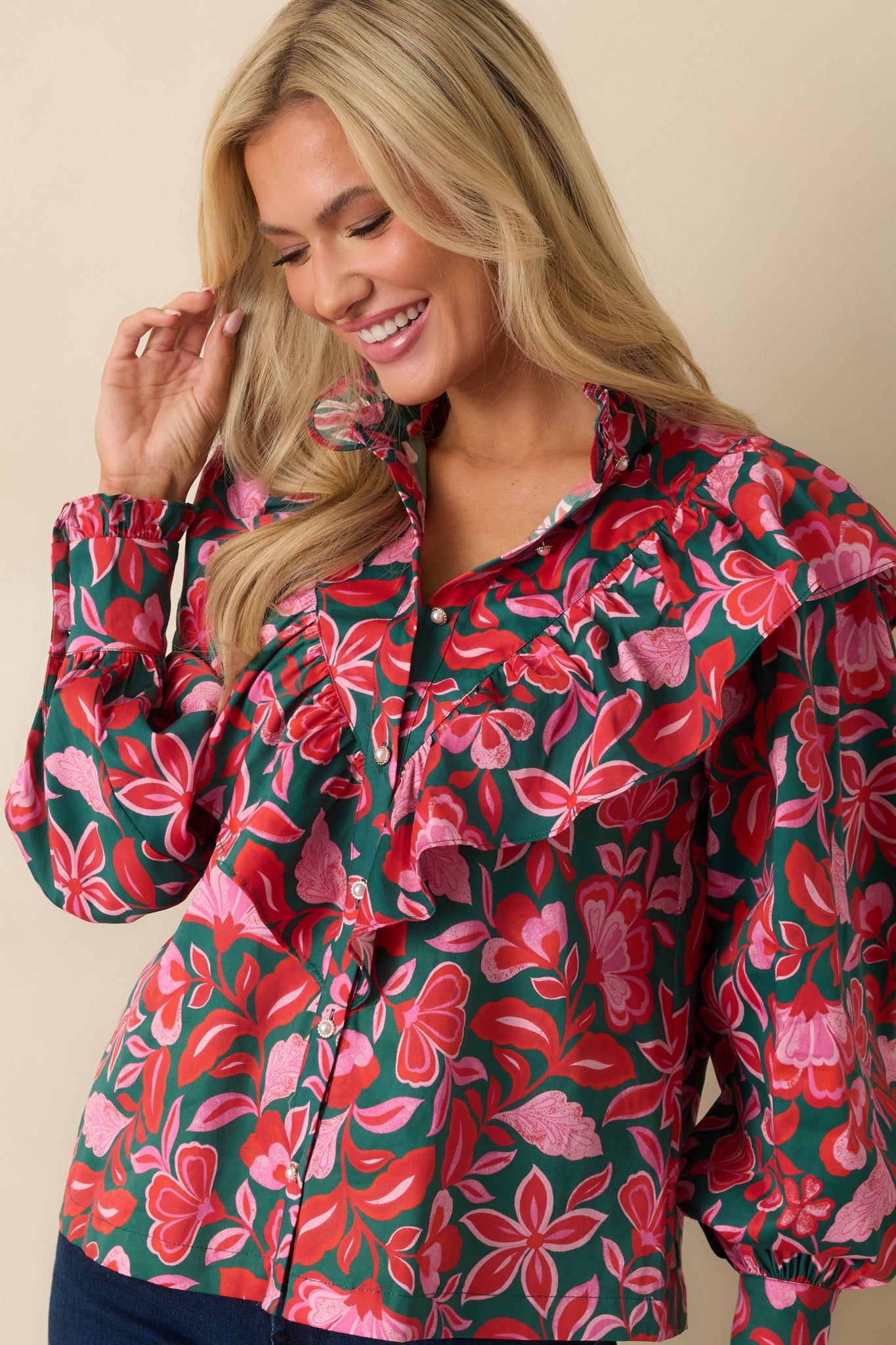 Prosperina Sterling Green & Pink Cotton Floral Print Ruffle Top