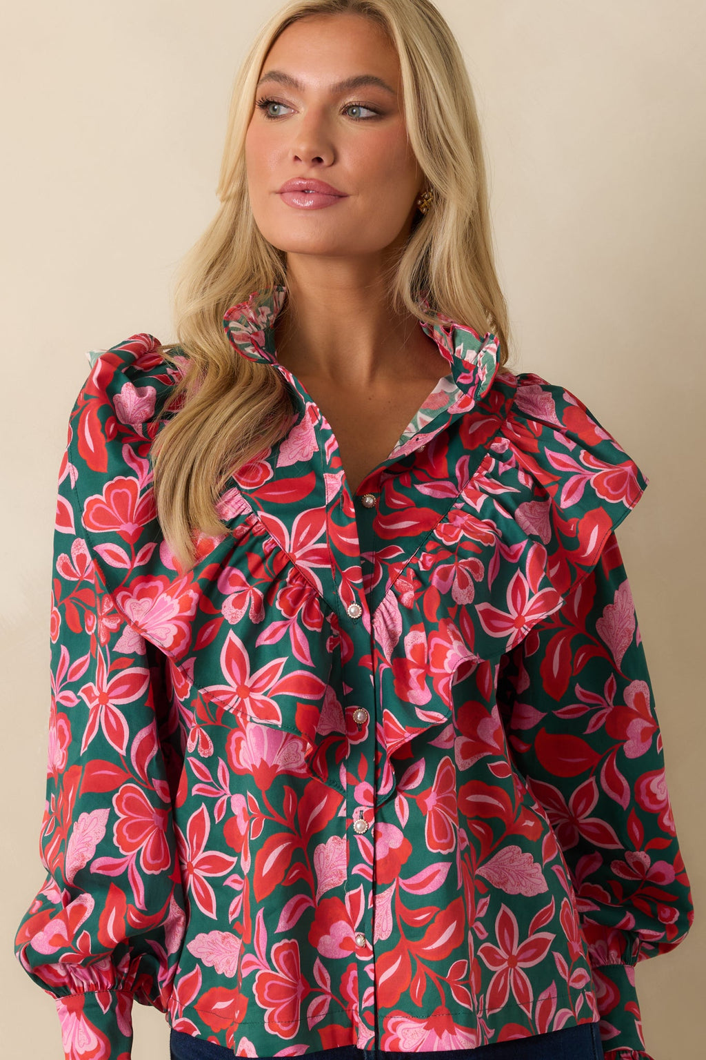 Prosperina Sterling Green & Pink Cotton Floral Print Ruffle Top