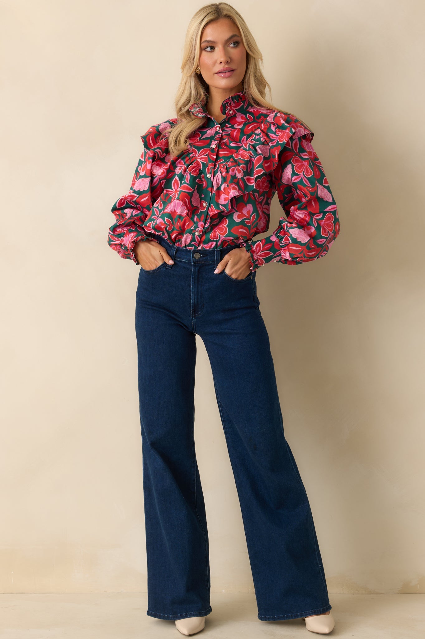 Prosperina Sterling Green & Pink Cotton Floral Print Ruffle Top