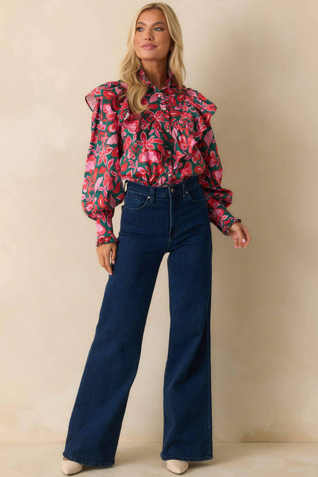 Prosperina Sterling Green & Pink Cotton Floral Print Ruffle Top