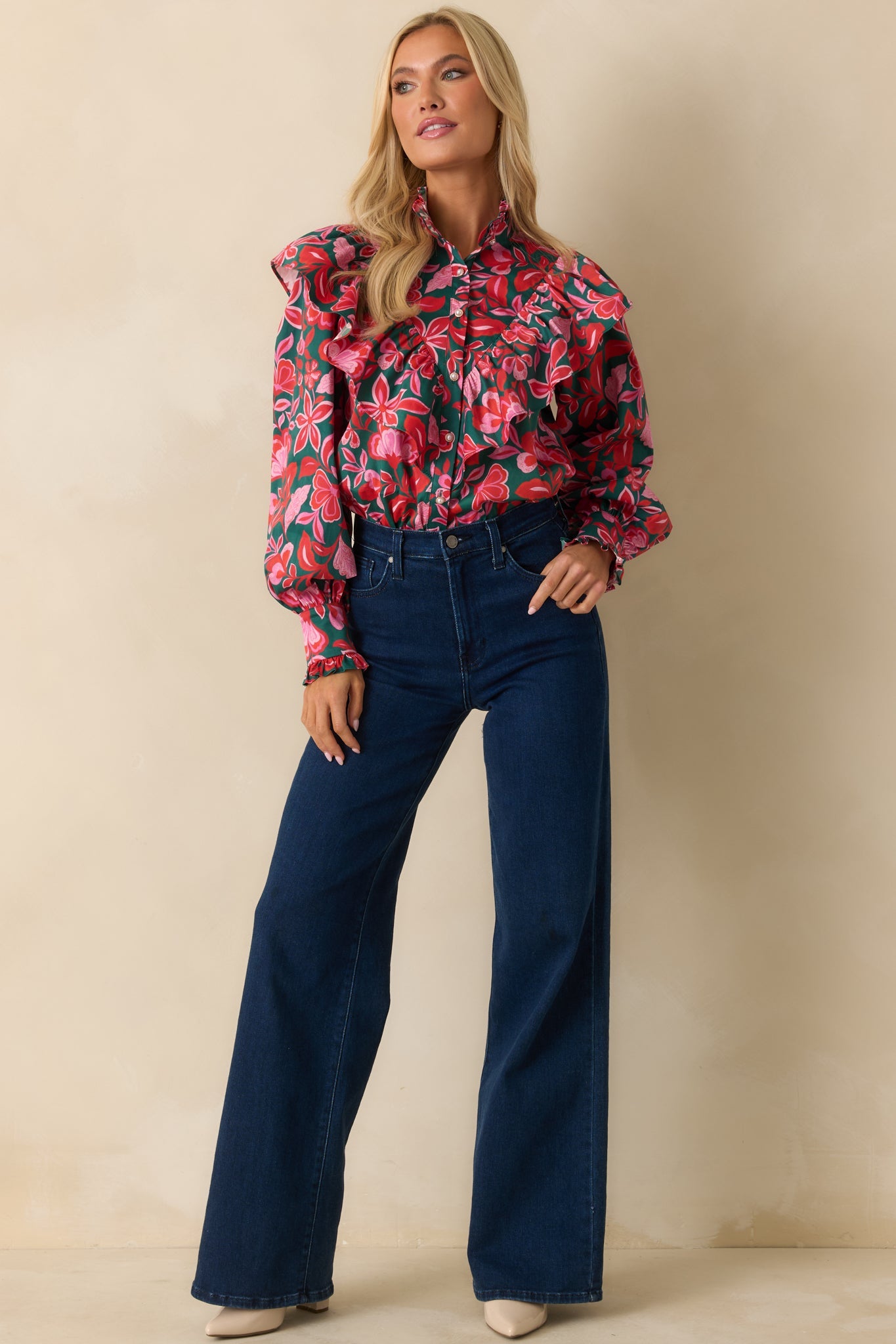 Prosperina Sterling Green & Pink Cotton Floral Print Ruffle Top