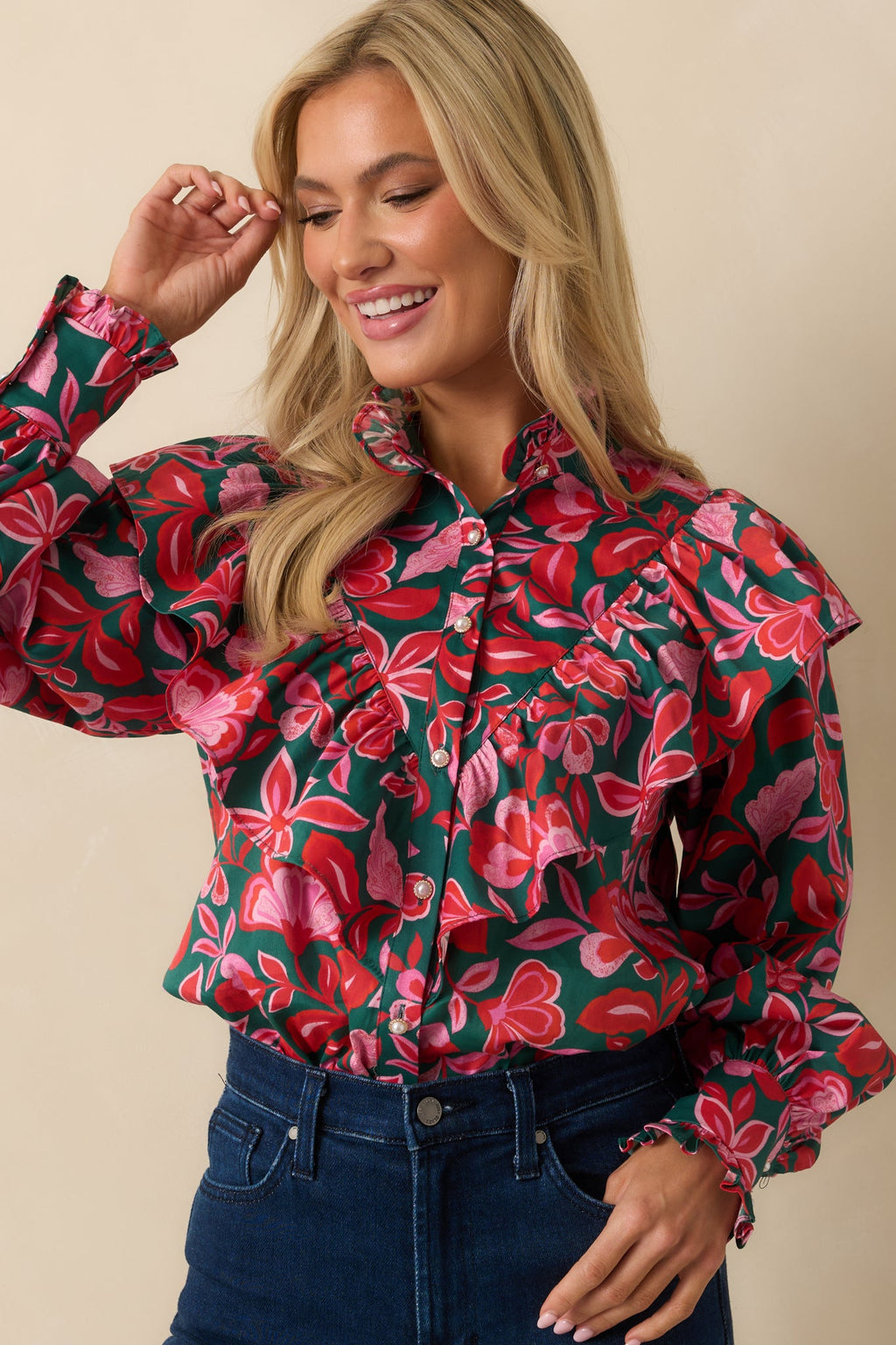 Prosperina Sterling Green & Pink Cotton Floral Print Ruffle Top