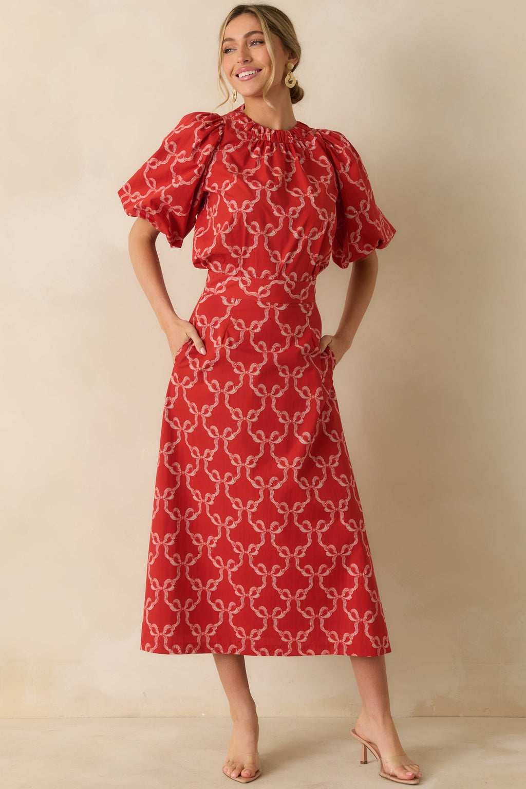 Prosperina Campbell Red Cotton Bow Print Puff Sleeve Tie Back Blouse