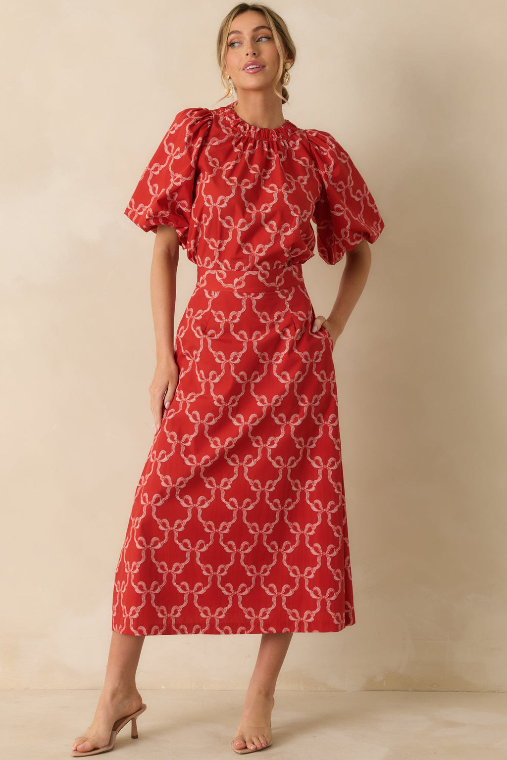 Prosperina River Red Cotton Bow Print Midi Skirt