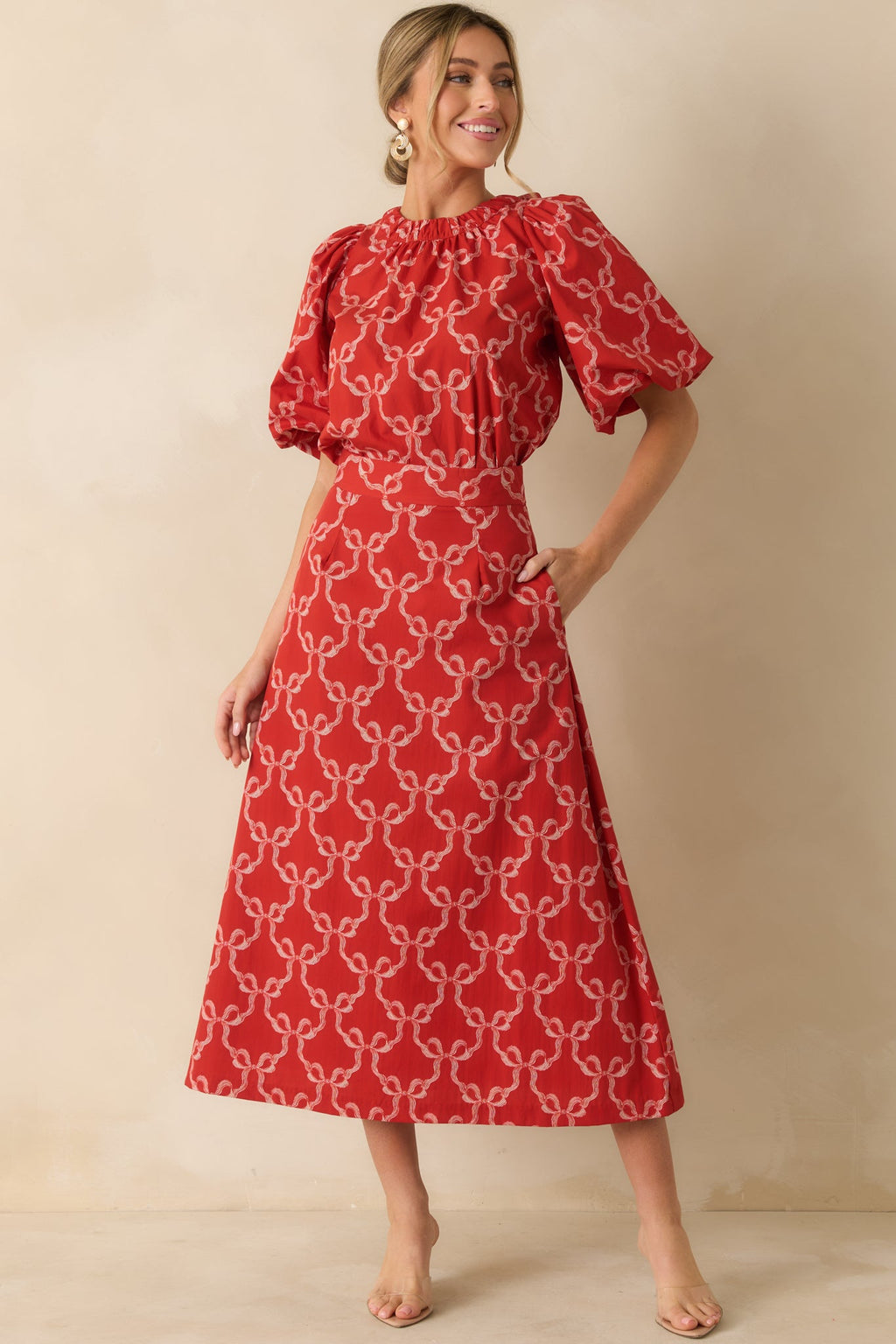 Prosperina River Red Cotton Bow Print Midi Skirt