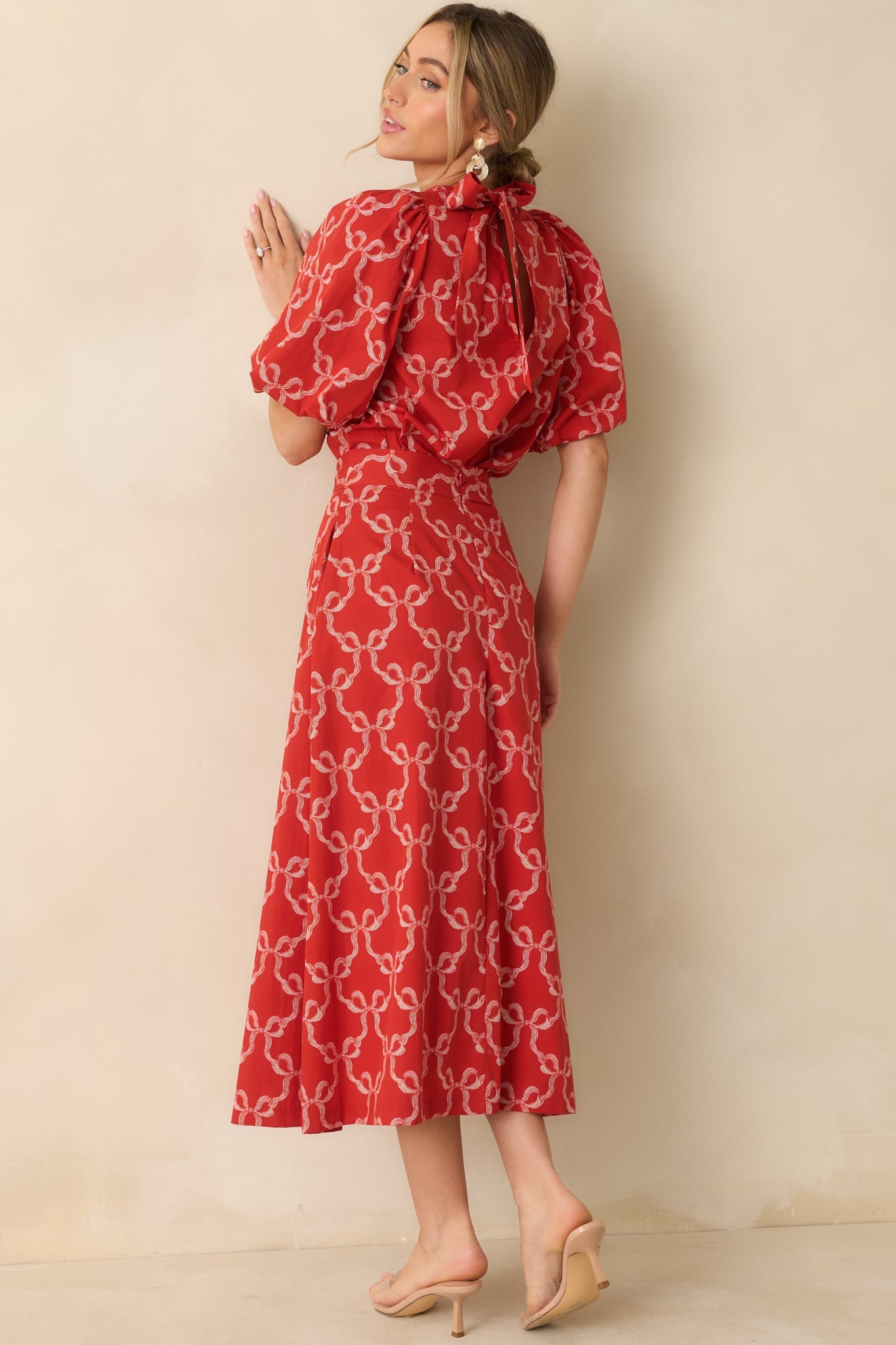 Prosperina Campbell Red Cotton Bow Print Puff Sleeve Tie Back Blouse