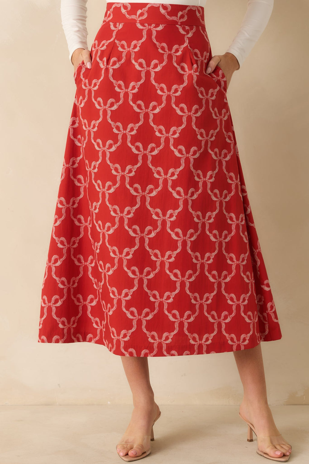 Prosperina River Red Cotton Bow Print Midi Skirt