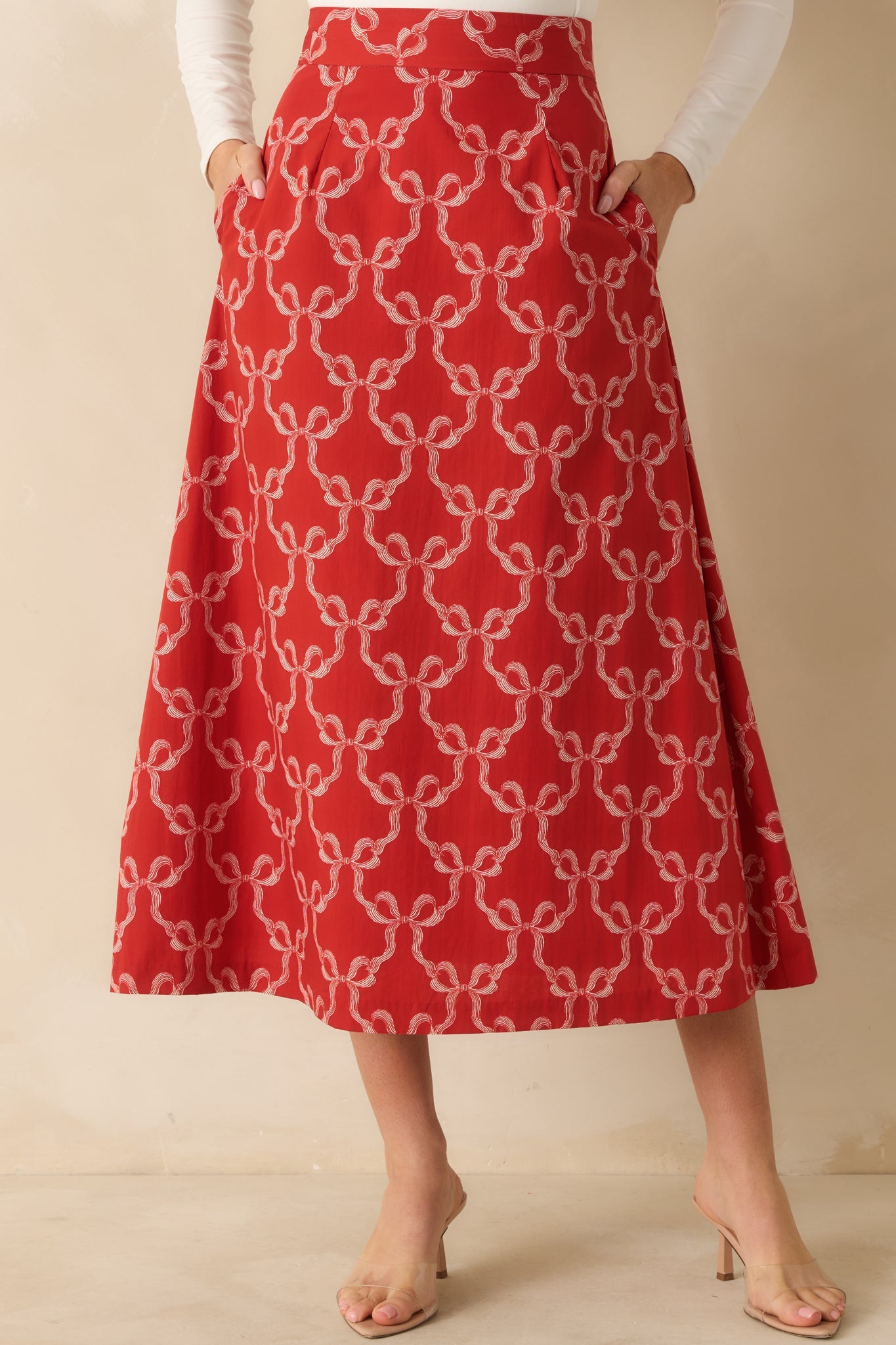 Prosperina River Red Cotton Bow Print Midi Skirt
