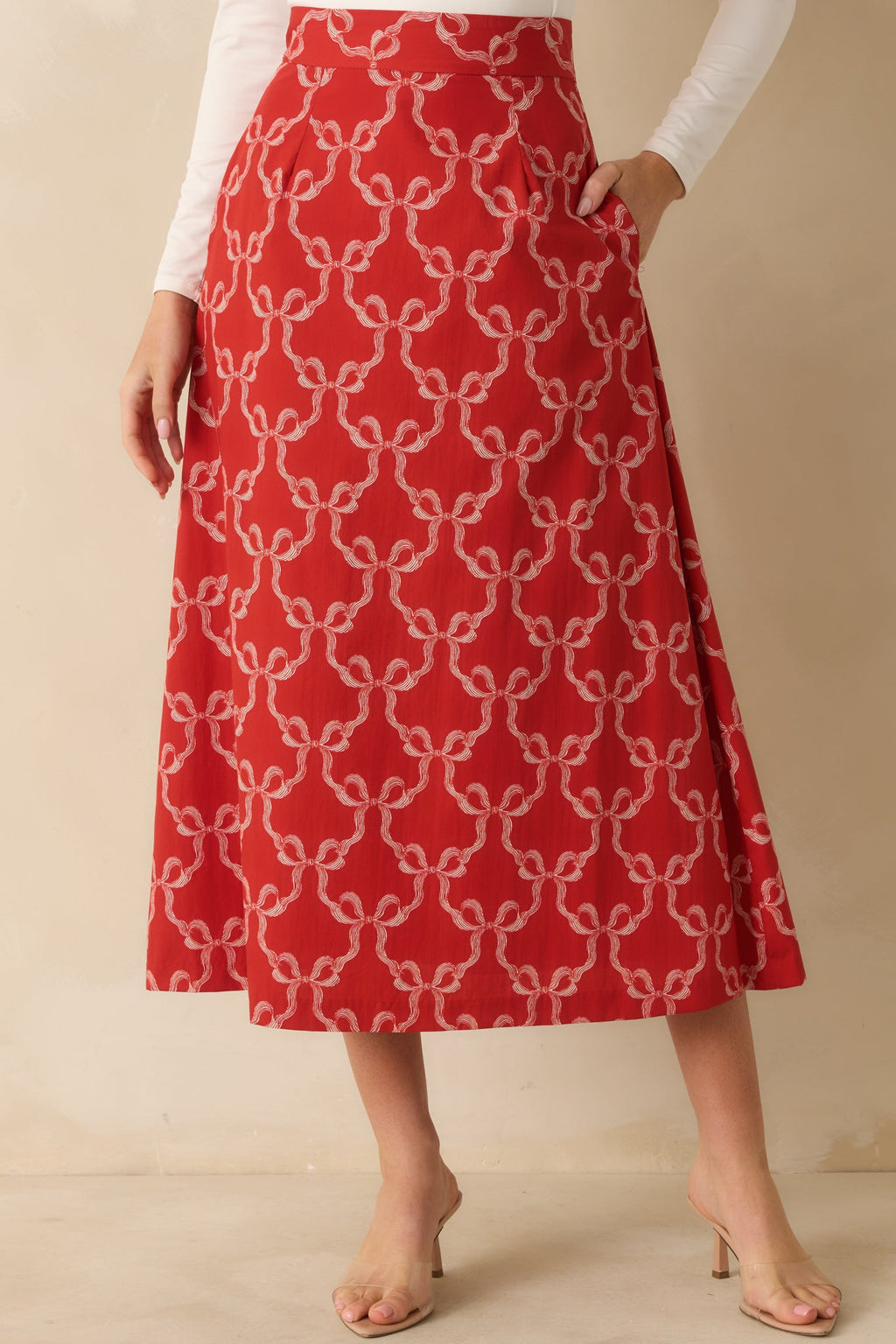 Prosperina River Red Cotton Bow Print Midi Skirt
