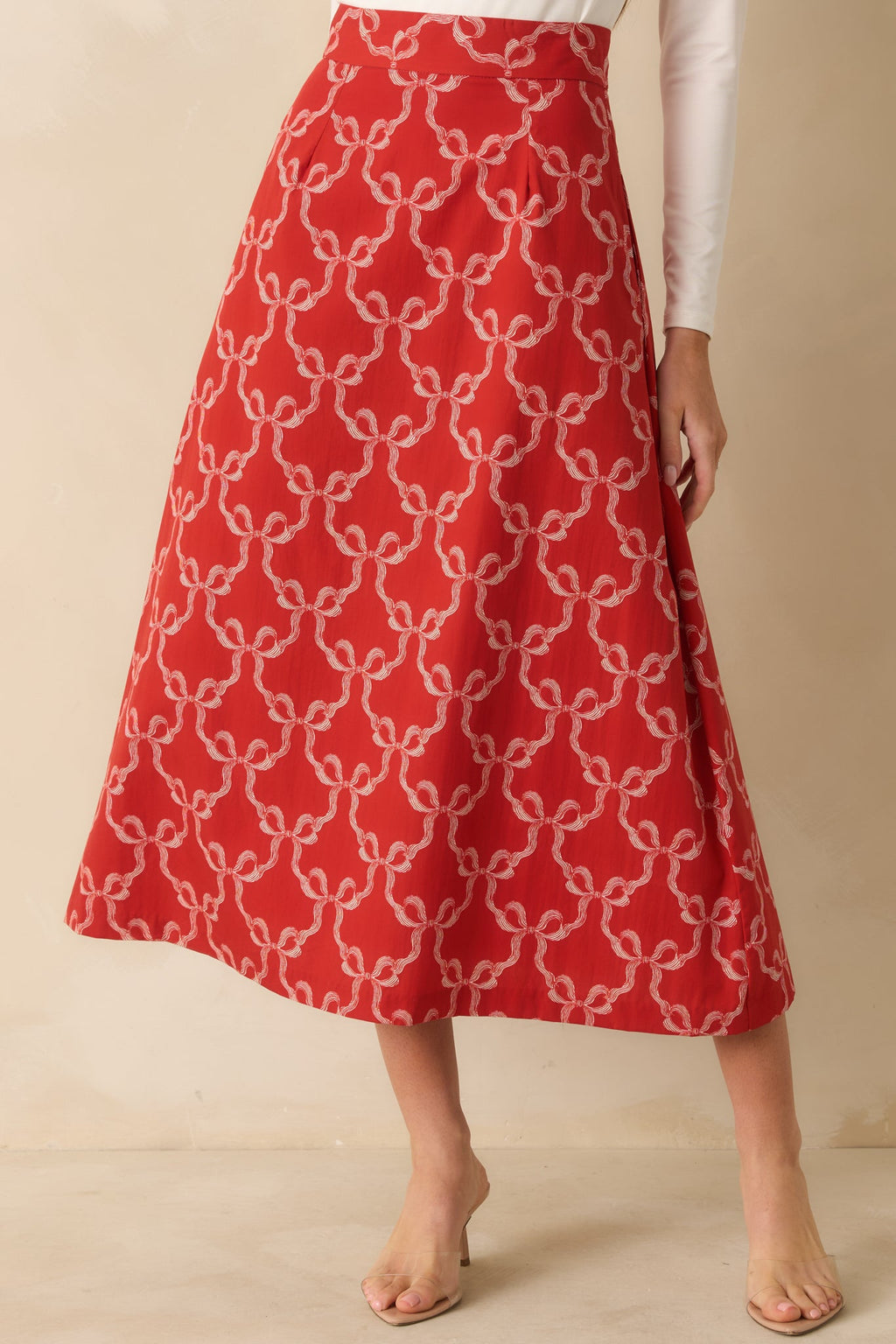 Prosperina River Red Cotton Bow Print Midi Skirt