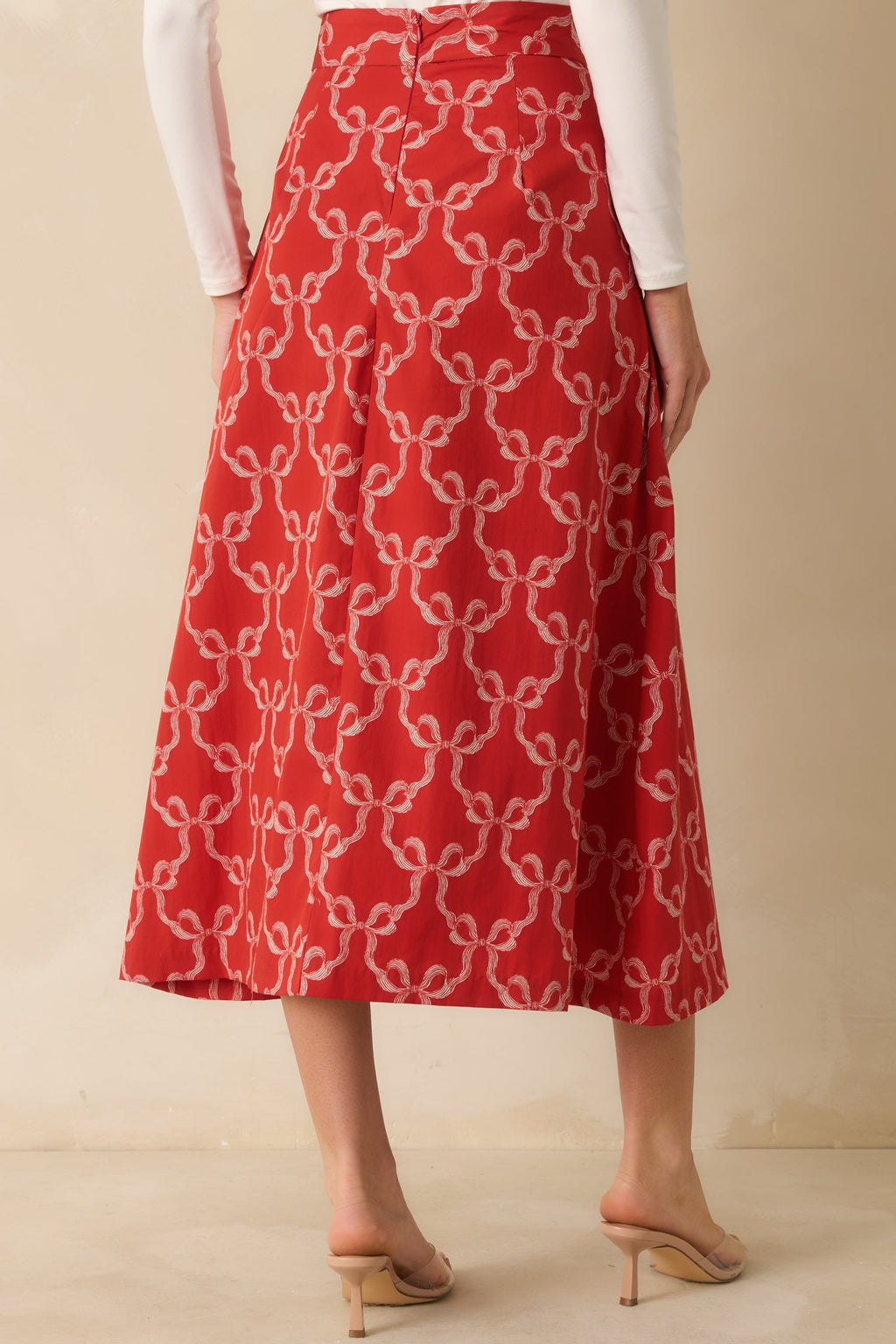 Prosperina River Red Cotton Bow Print Midi Skirt