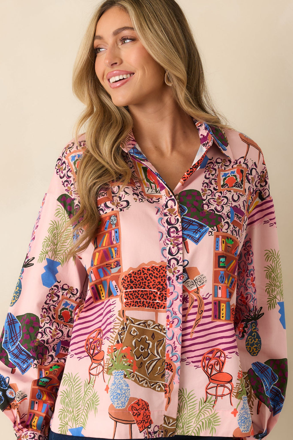 FRNCH Gerbera Pink Multi Salon Print Button Up Blouse