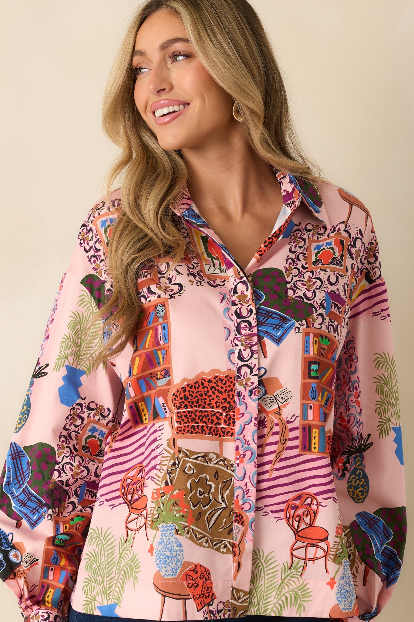 FRNCH Gerbera Pink Multi Salon Print Button Up Blouse