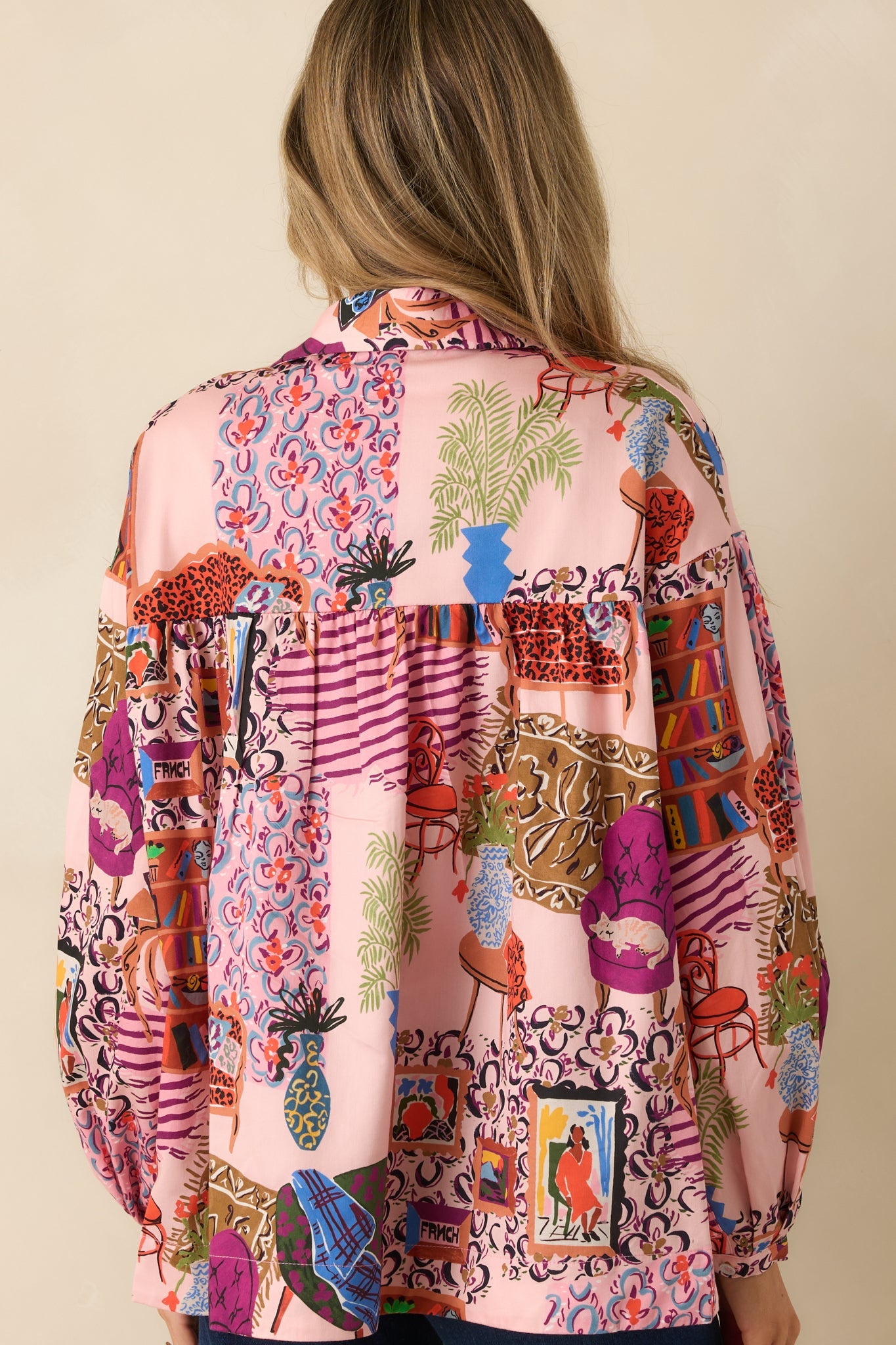 FRNCH Gerbera Pink Multi Salon Print Button Up Blouse