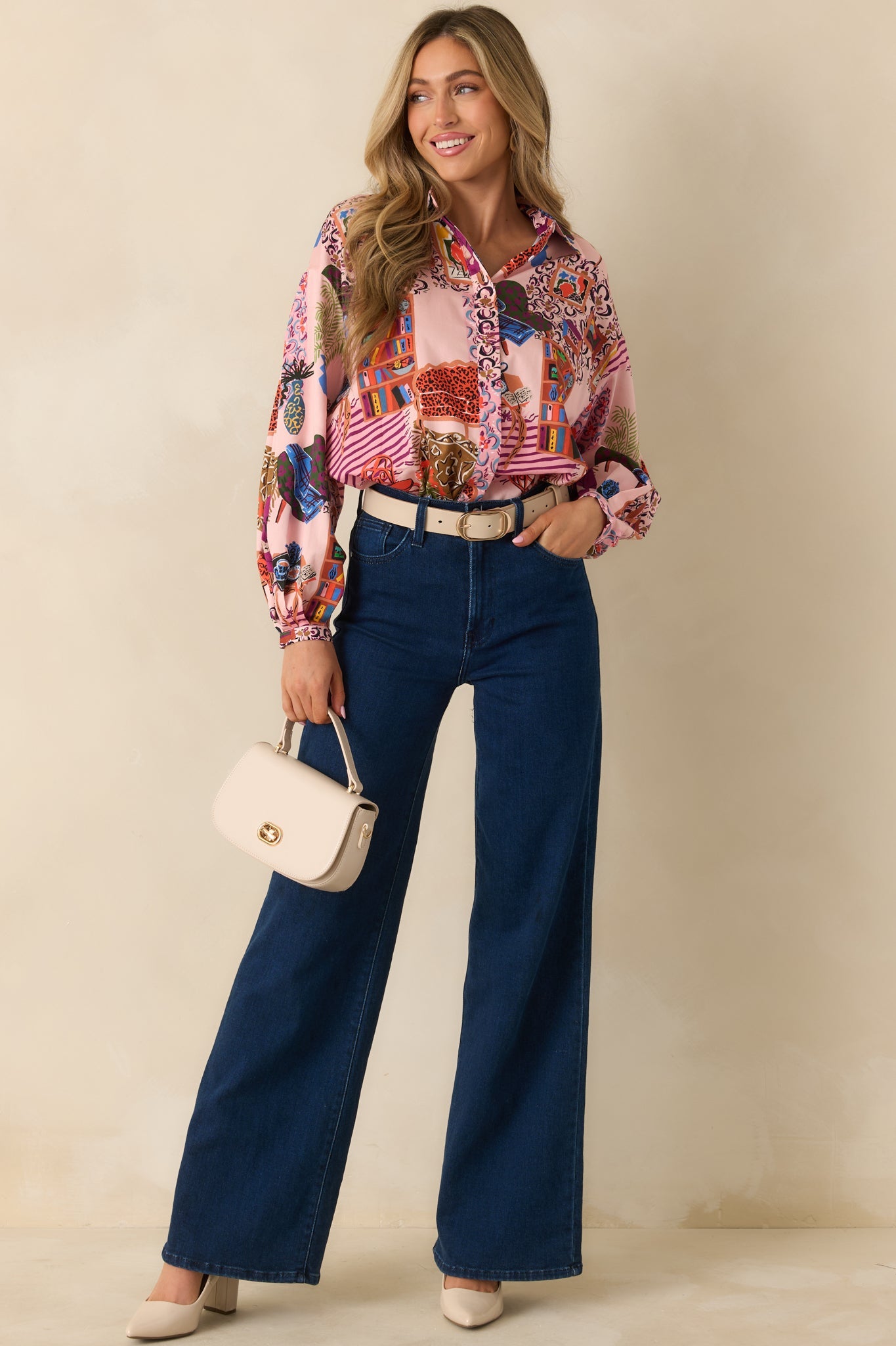 FRNCH Gerbera Pink Multi Salon Print Button Up Blouse