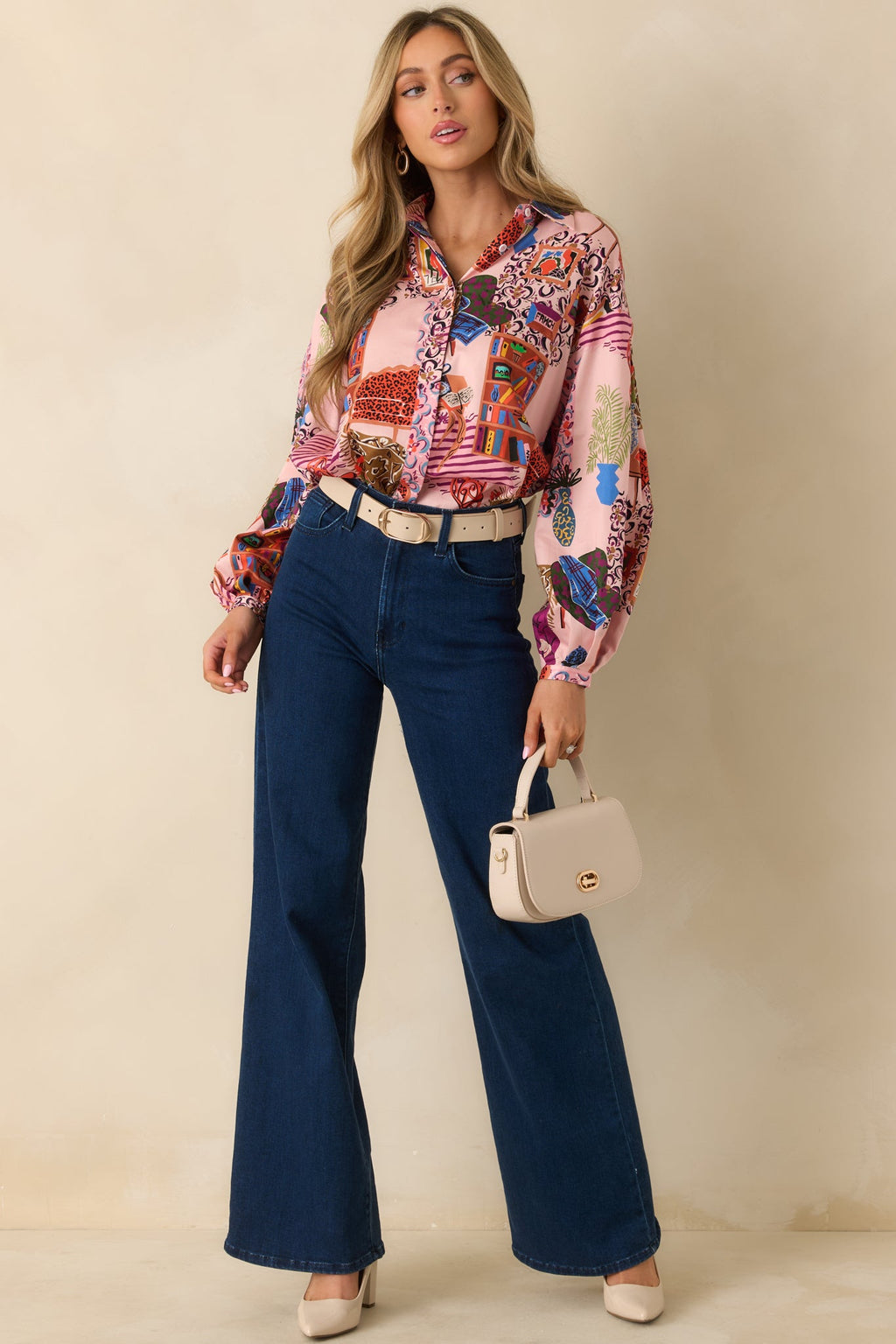 FRNCH Gerbera Pink Multi Salon Print Button Up Blouse