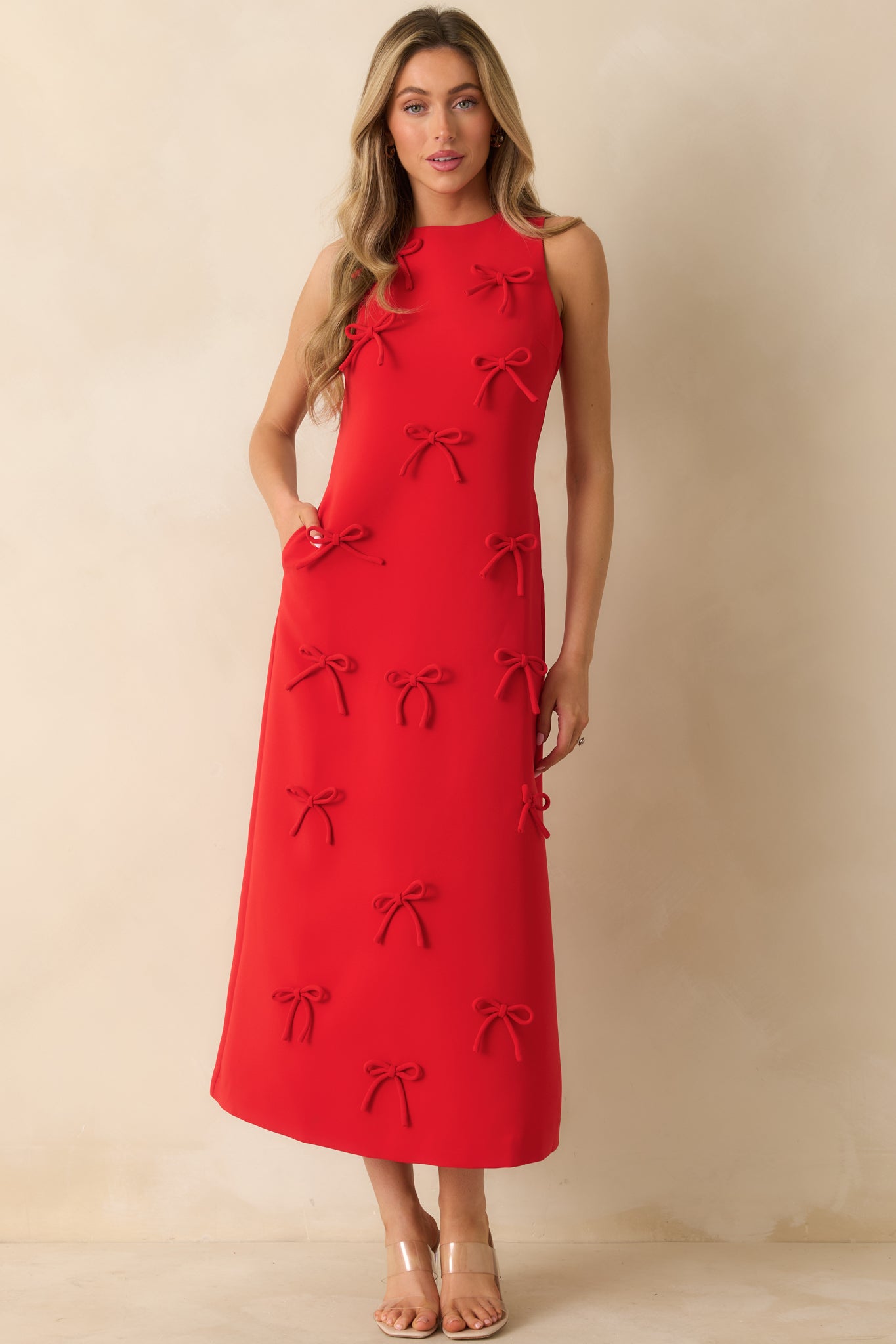Bow to Toe Red Sleeveless Bow Detail Maxi Dress