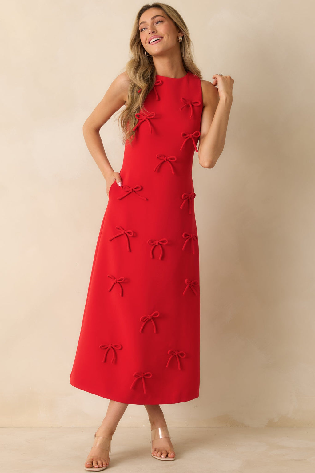 Bow to Toe Red Sleeveless Bow Detail Maxi Dress