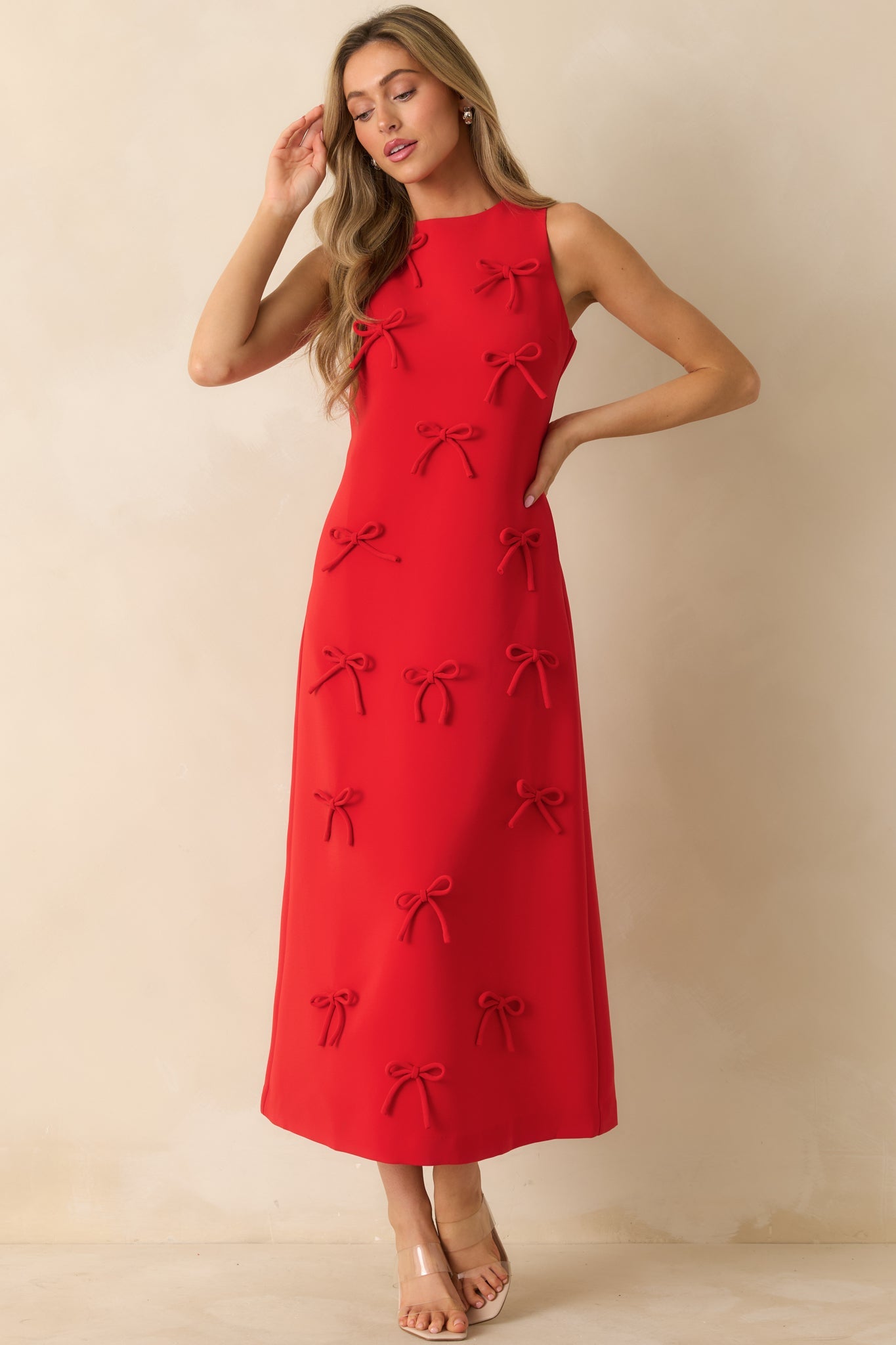 Bow to Toe Red Sleeveless Bow Detail Maxi Dress