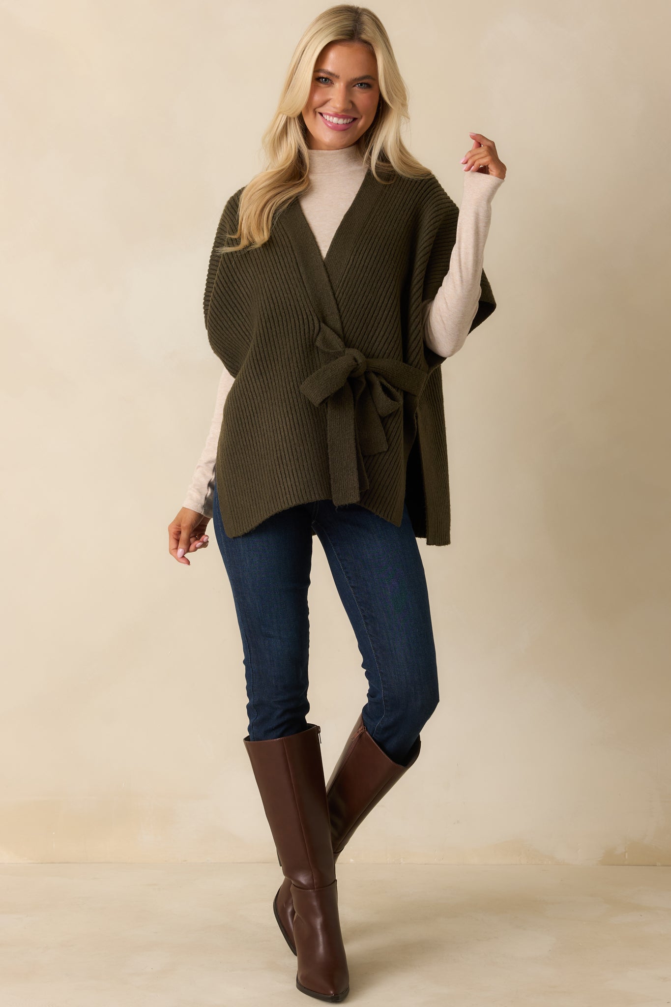 Endless Ease Olive Green Ribbed Knit Wrap Cardigan Sweater