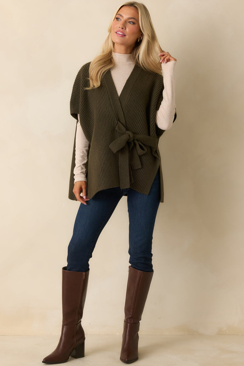 Endless Ease Olive Green Ribbed Knit Wrap Cardigan Sweater